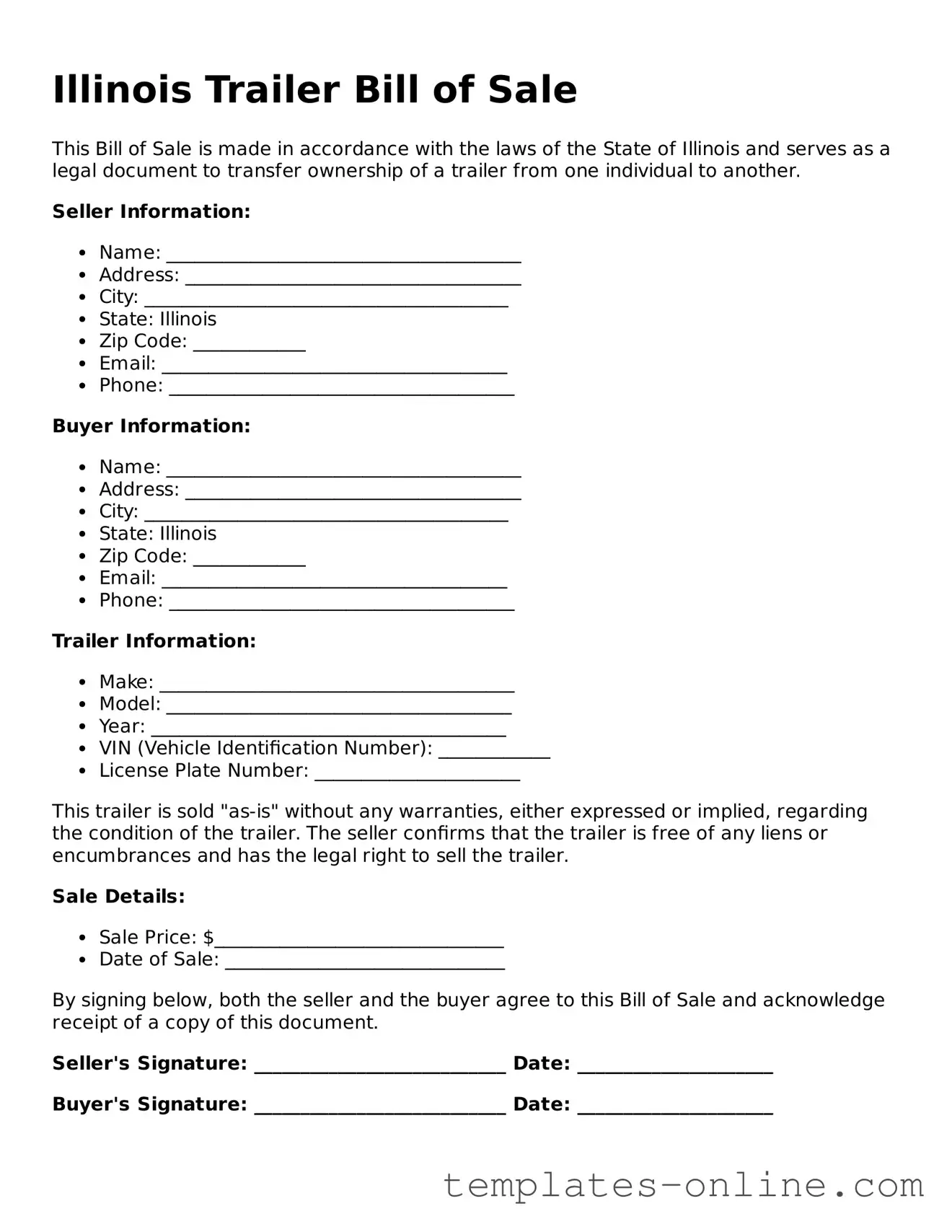 Valid  Trailer Bill of Sale Template for Illinois