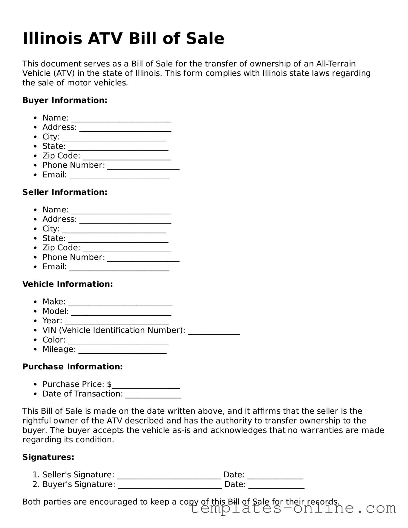 Valid  ATV Bill of Sale Template for Illinois