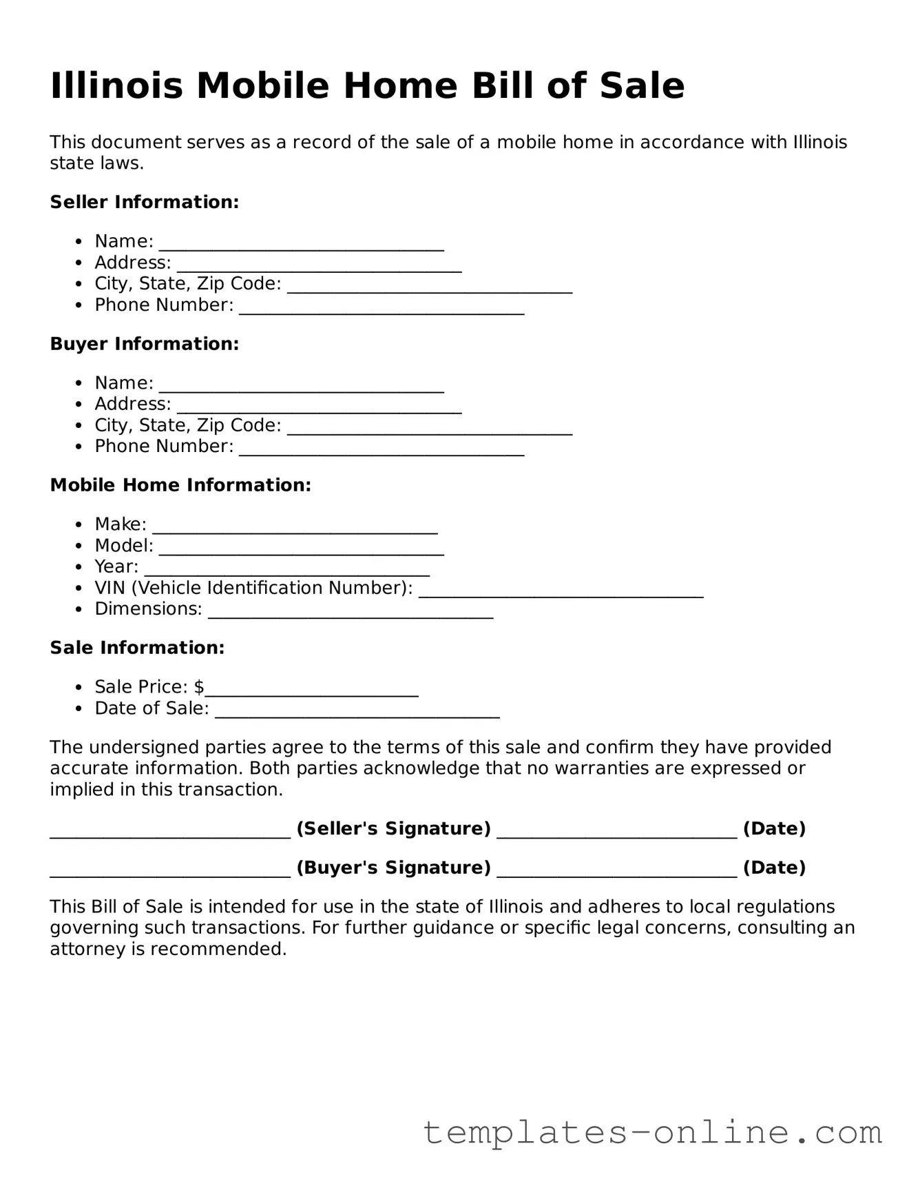 Valid  Mobile Home Bill of Sale Template for Illinois