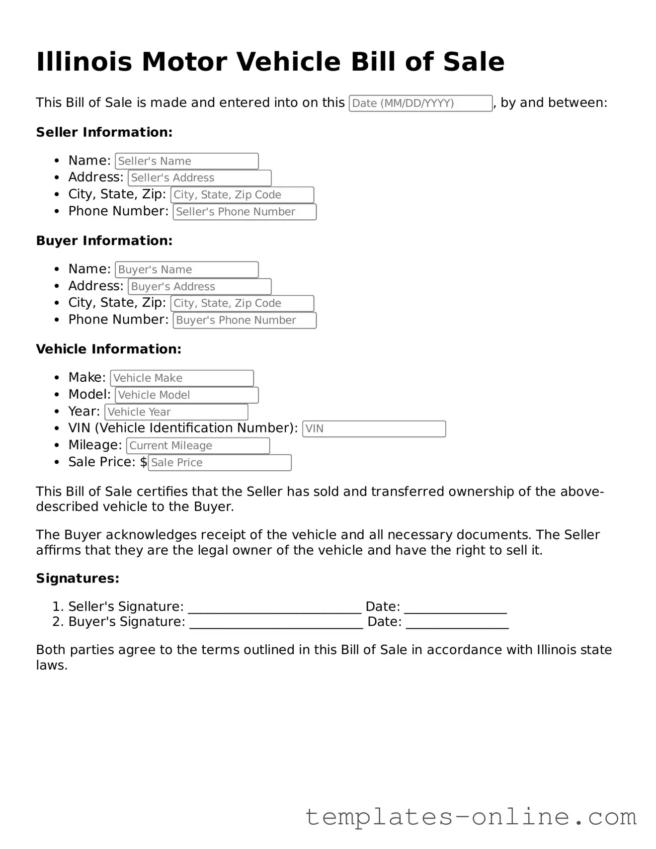 Valid  Motor Vehicle Bill of Sale Template for Illinois