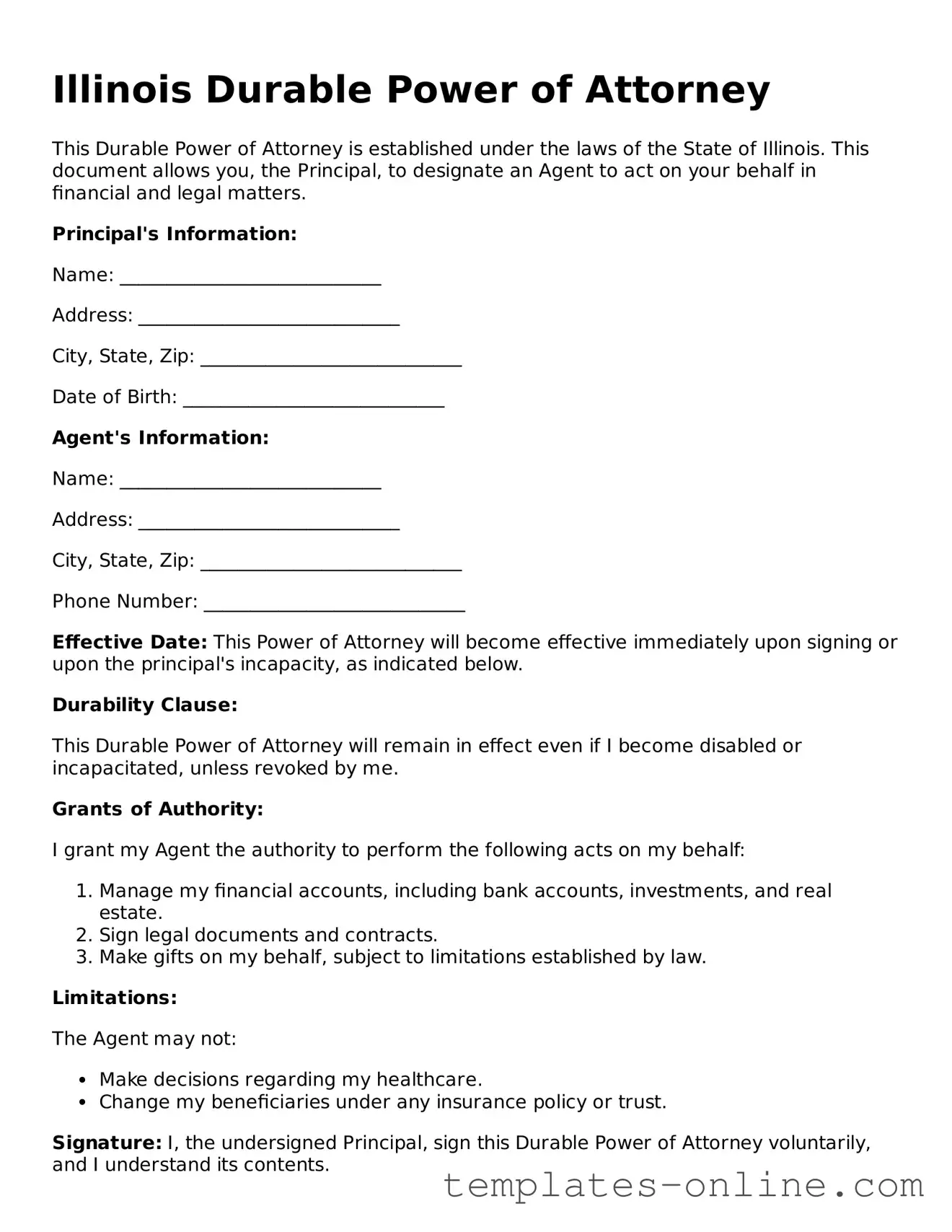 Valid  Durable Power of Attorney Template for Illinois