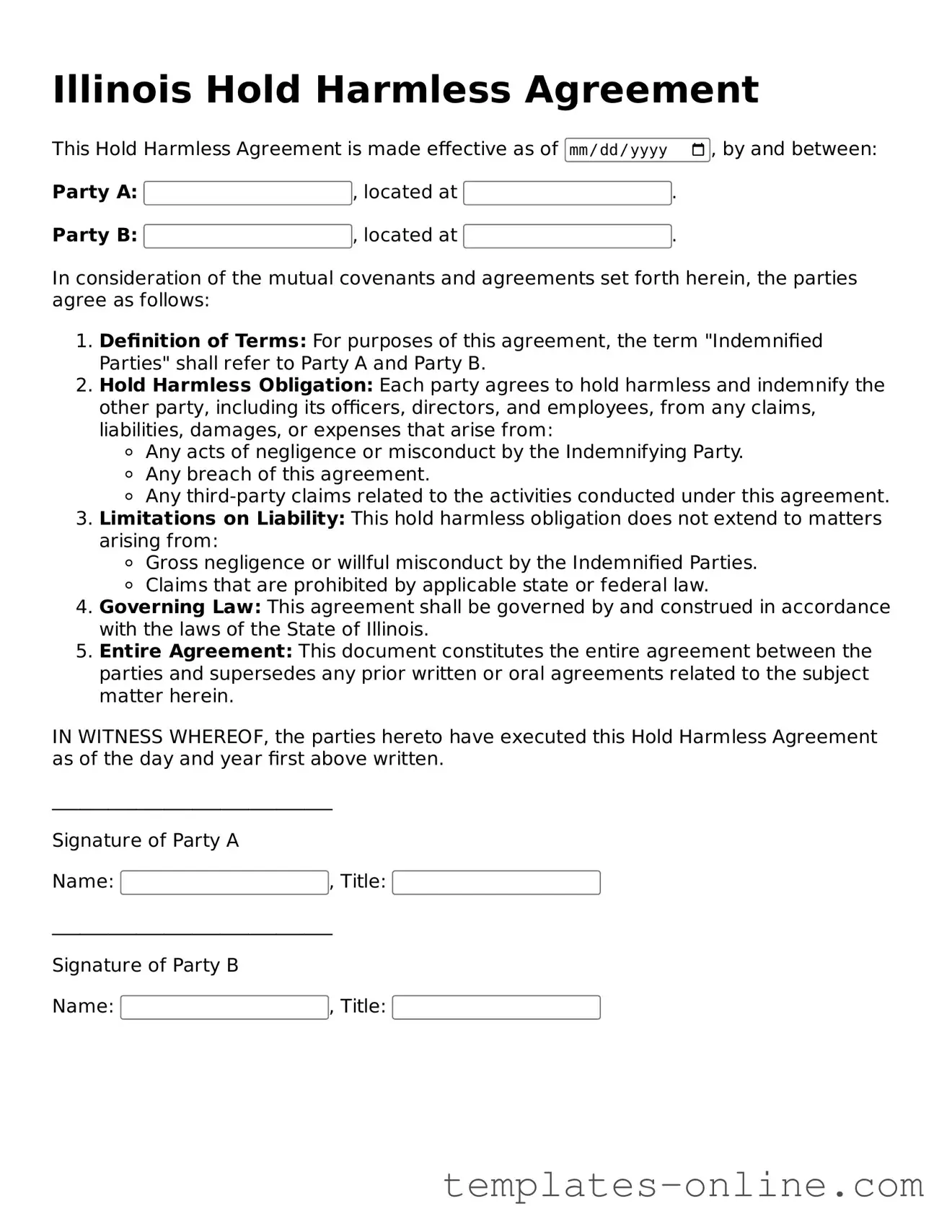Valid  Hold Harmless Agreement Template for Illinois
