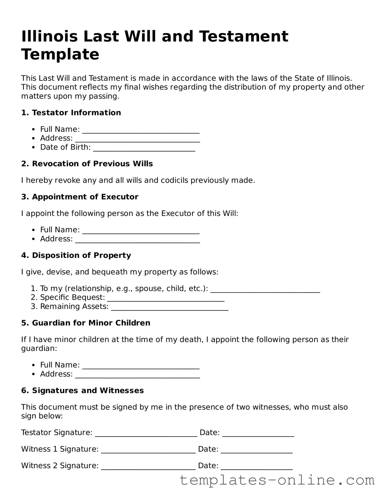 Valid  Last Will and Testament Template for Illinois