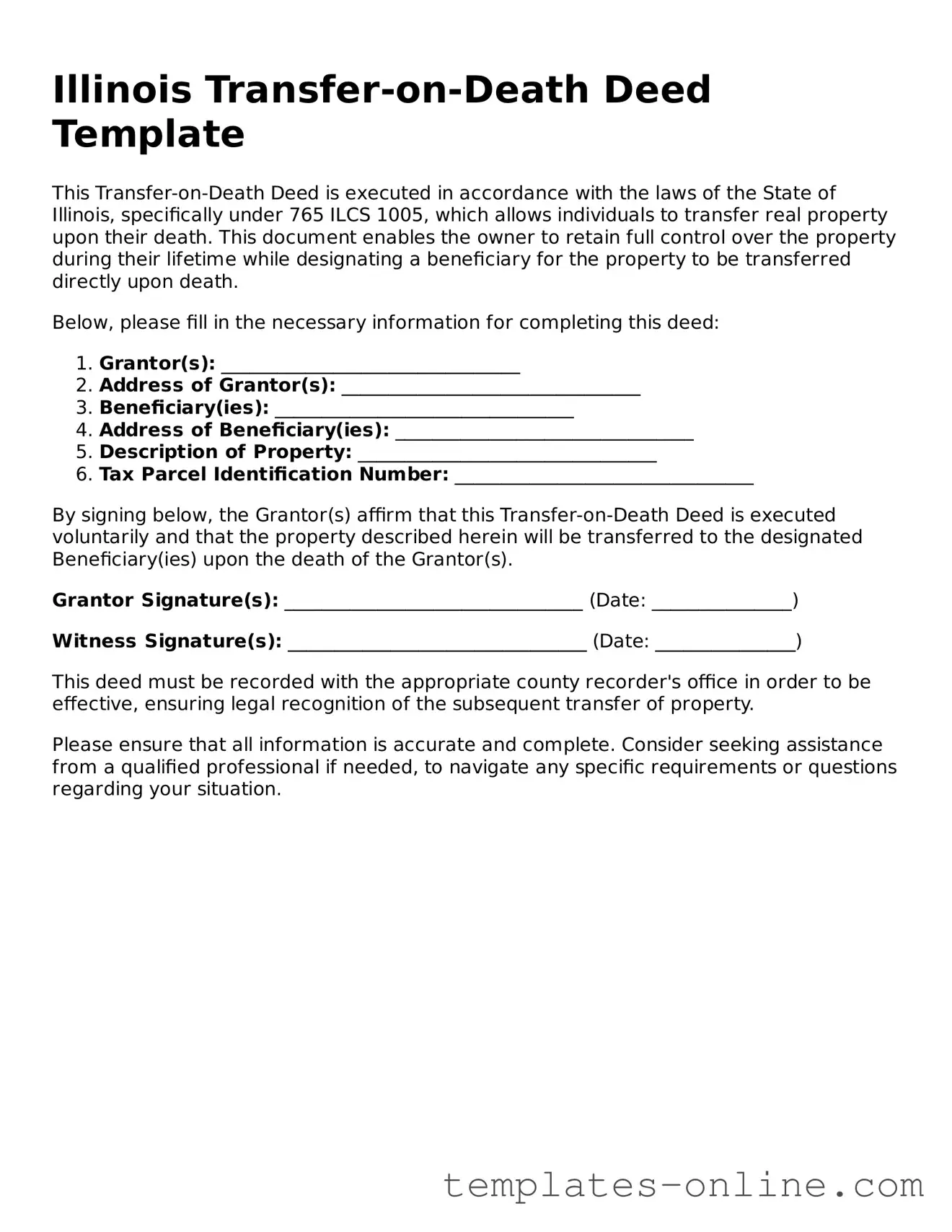Valid  Transfer-on-Death Deed Template for Illinois