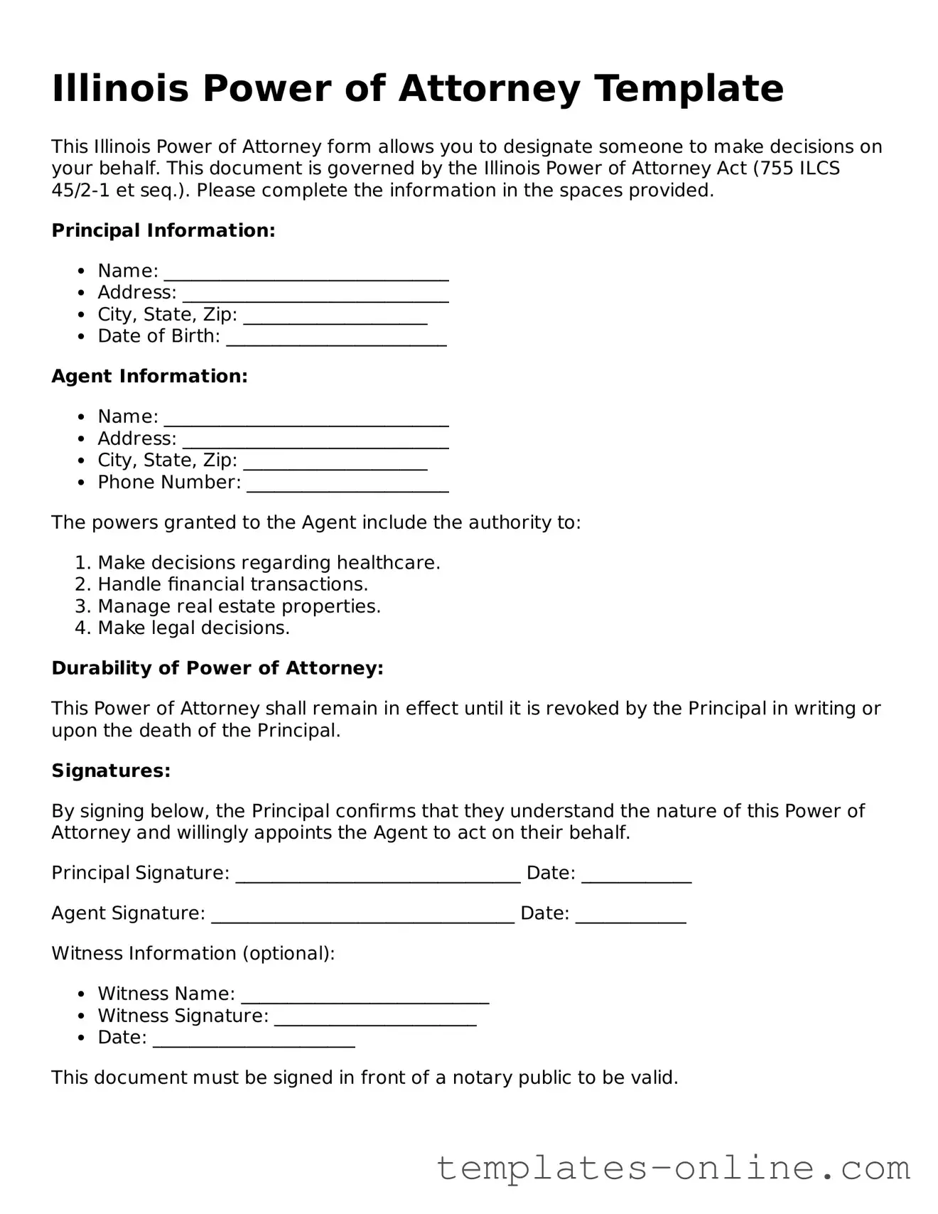 Valid  Power of Attorney Template for Illinois