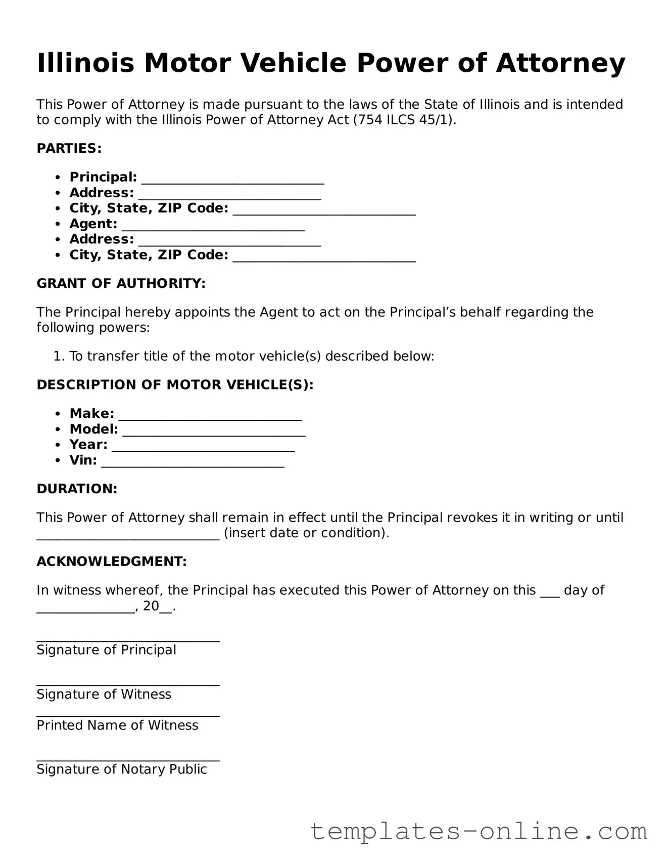 Valid  Motor Vehicle Power of Attorney Template for Illinois