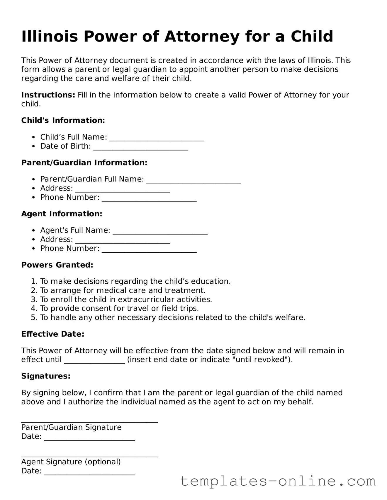 Valid  Power of Attorney for a Child Template for Illinois