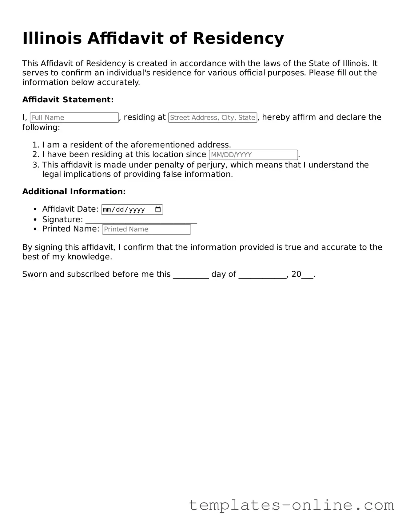 Valid  Affidavit of Residency Template for Illinois