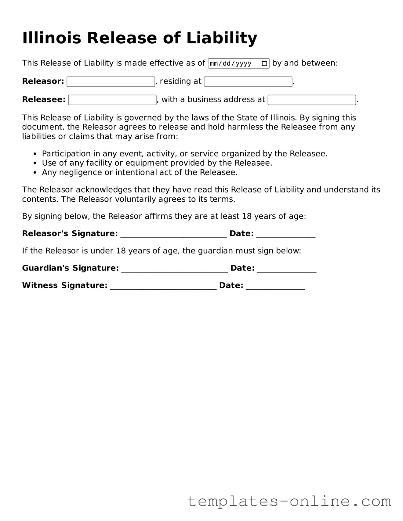 Valid  Release of Liability Template for Illinois