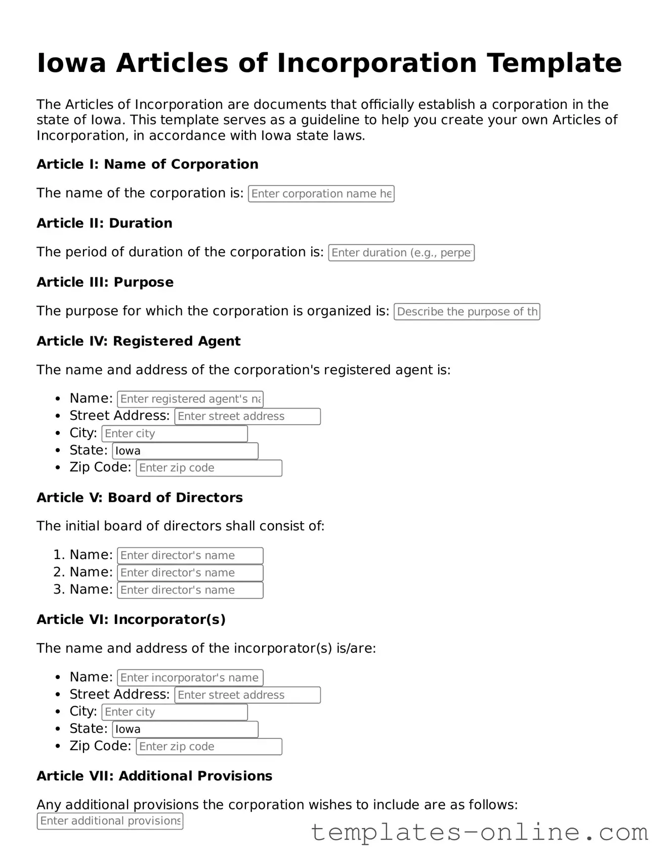 Valid  Articles of Incorporation Template for Iowa