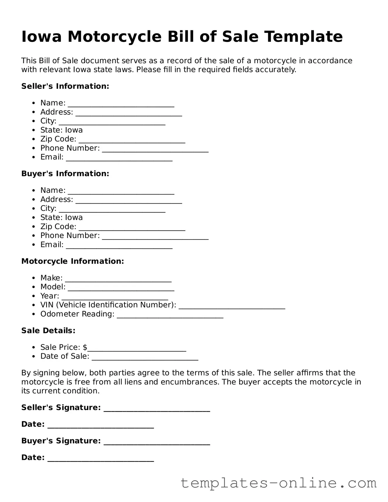 Valid  Motorcycle Bill of Sale Template for Iowa