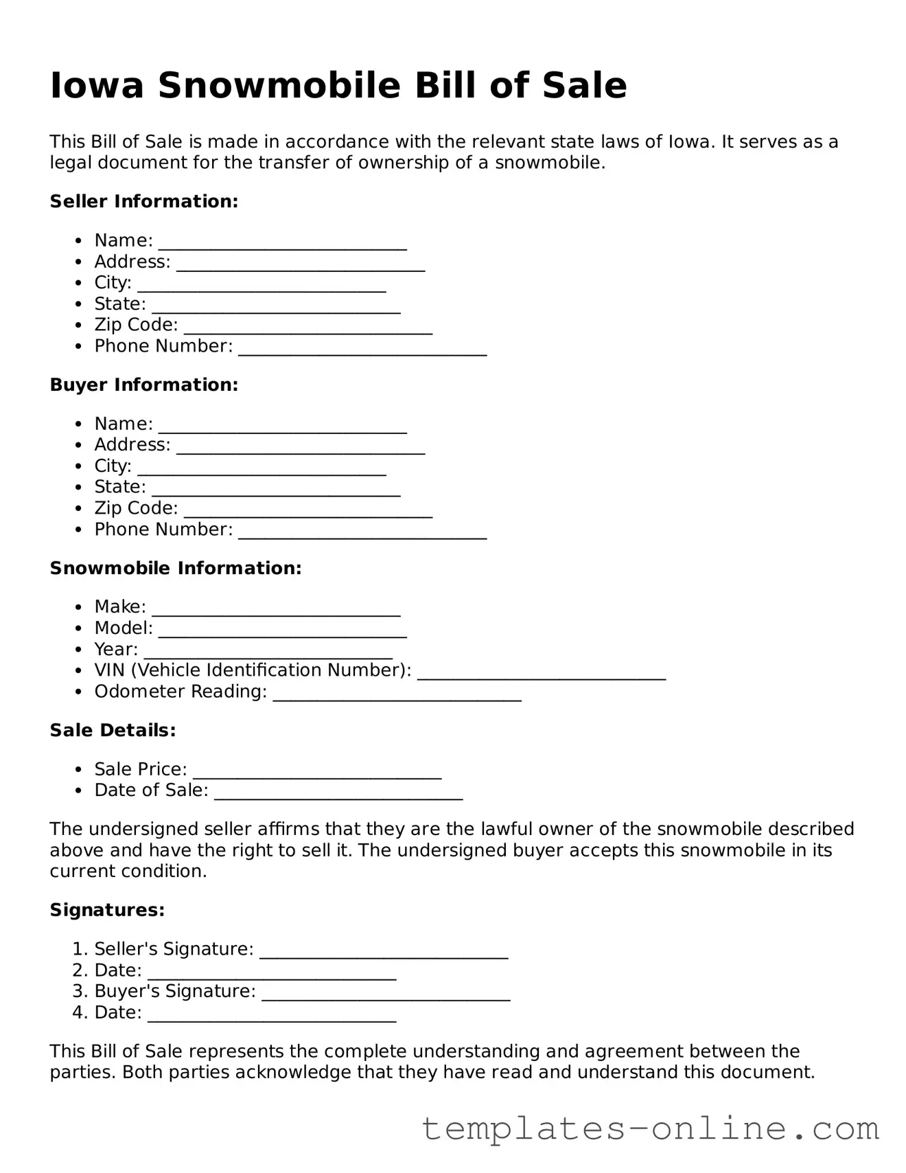 Valid  Snowmobile Bill of Sale Template for Iowa
