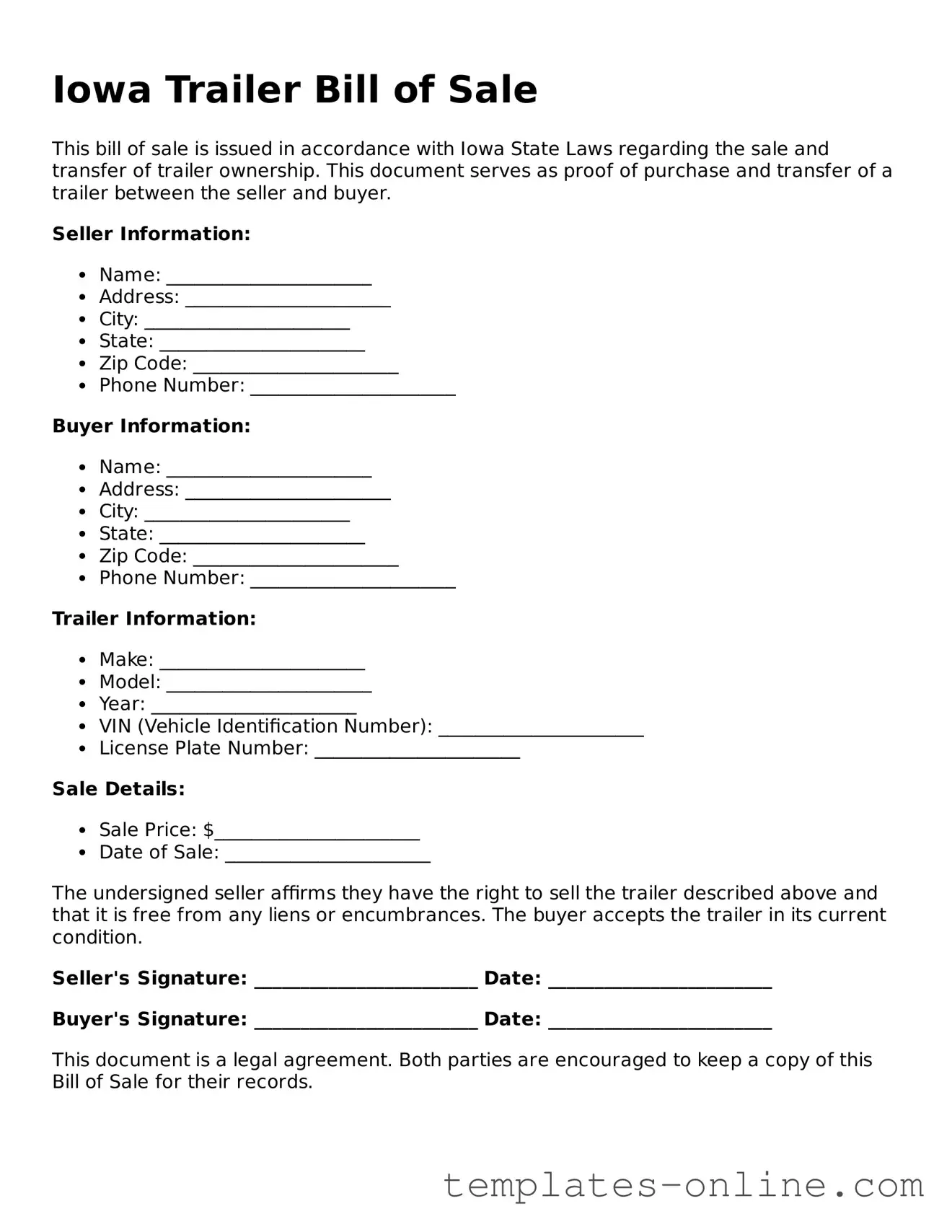 Valid  Trailer Bill of Sale Template for Iowa