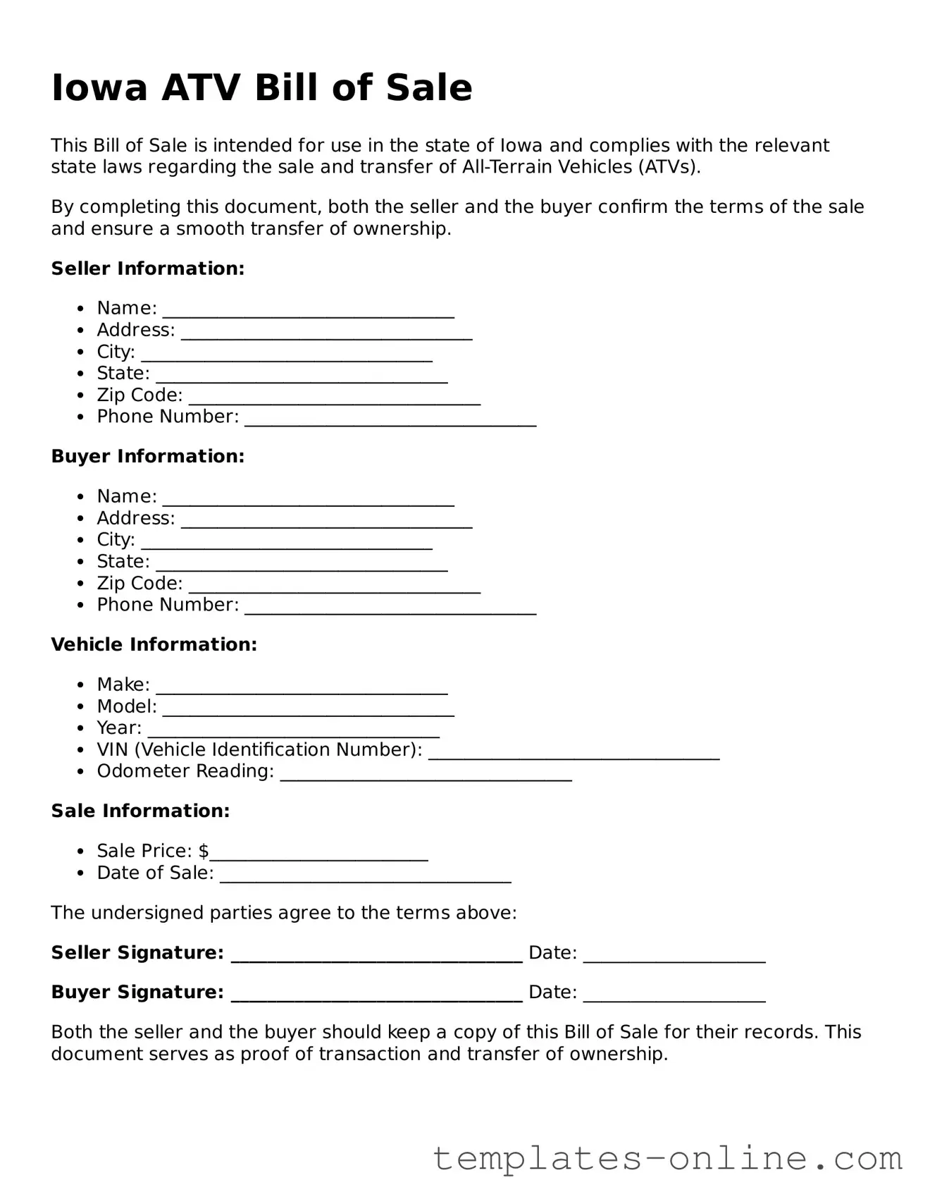 Valid  ATV Bill of Sale Template for Iowa