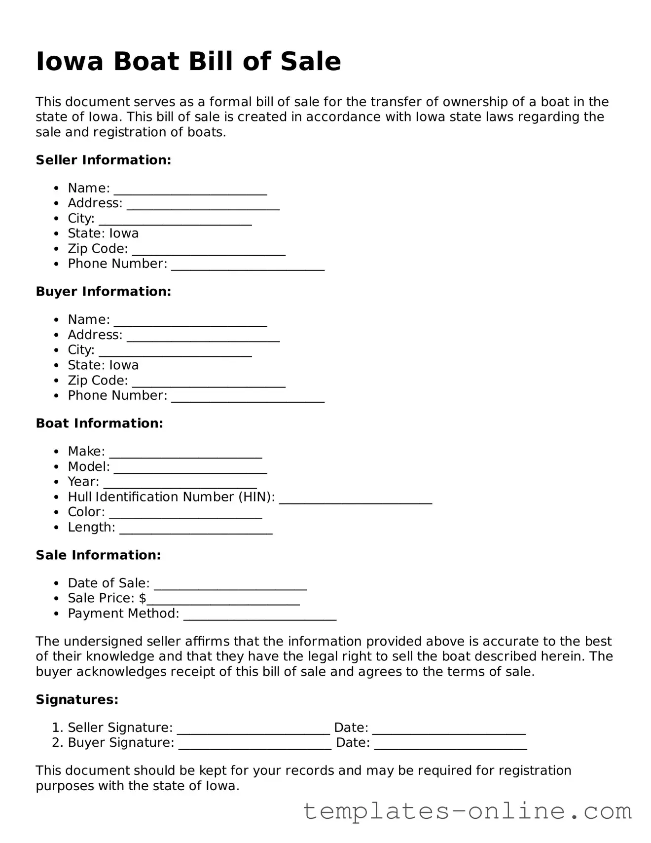Valid  Boat Bill of Sale Template for Iowa