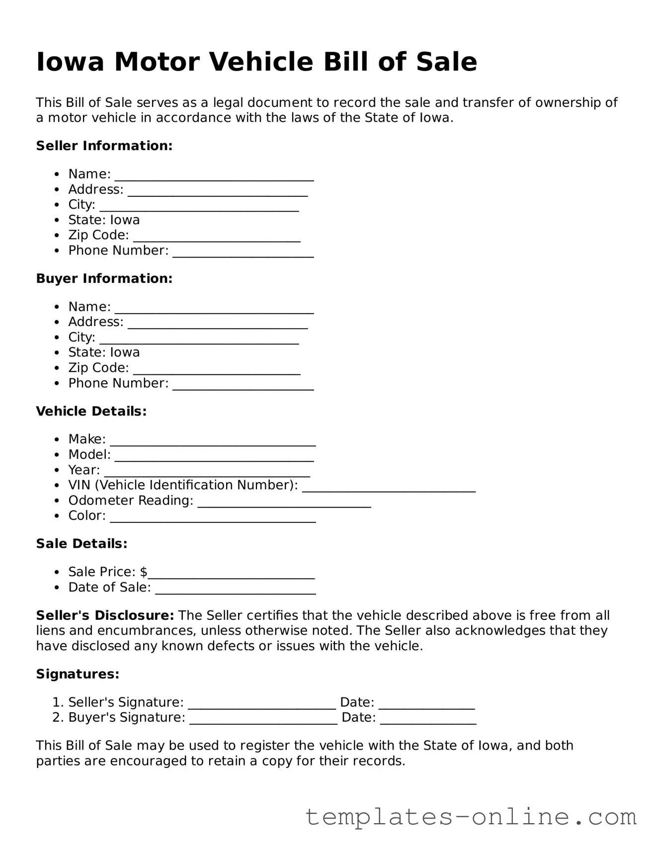 Valid  Motor Vehicle Bill of Sale Template for Iowa