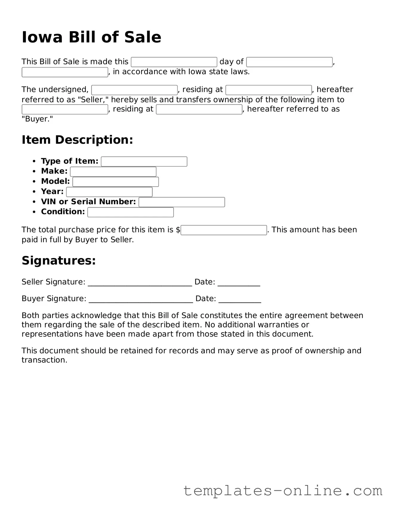 Valid  Bill of Sale Template for Iowa