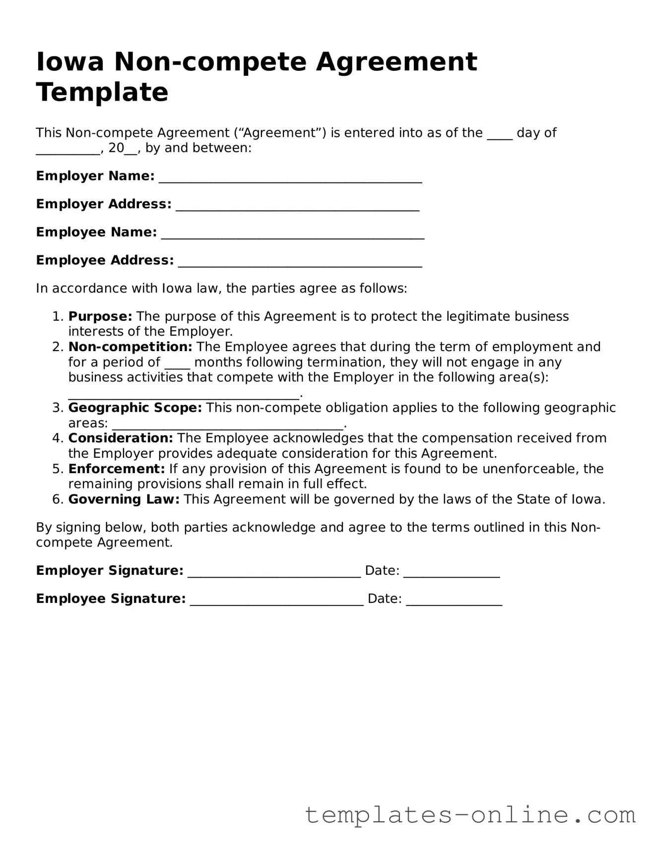 Valid  Non-compete Agreement Template for Iowa
