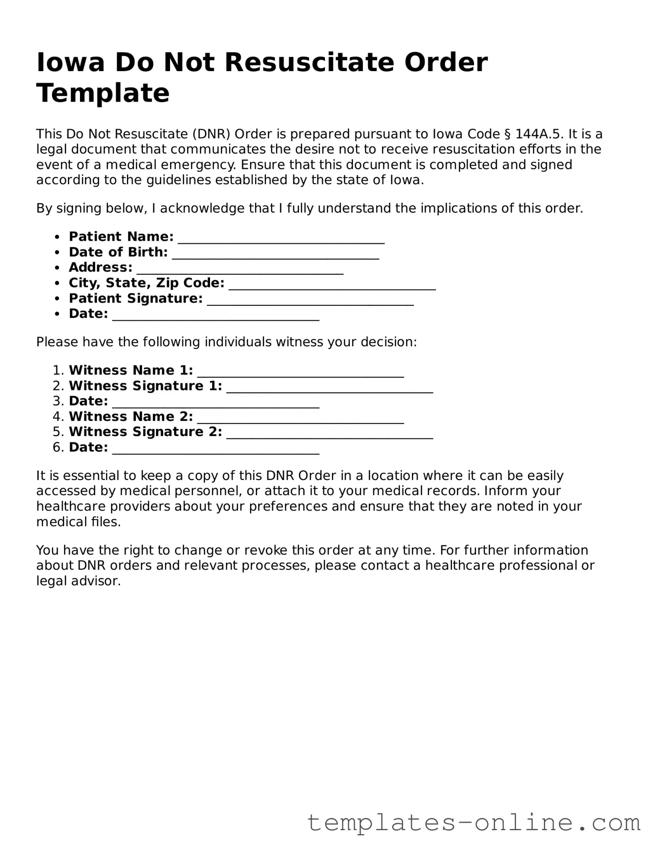 Valid  Do Not Resuscitate Order Template for Iowa