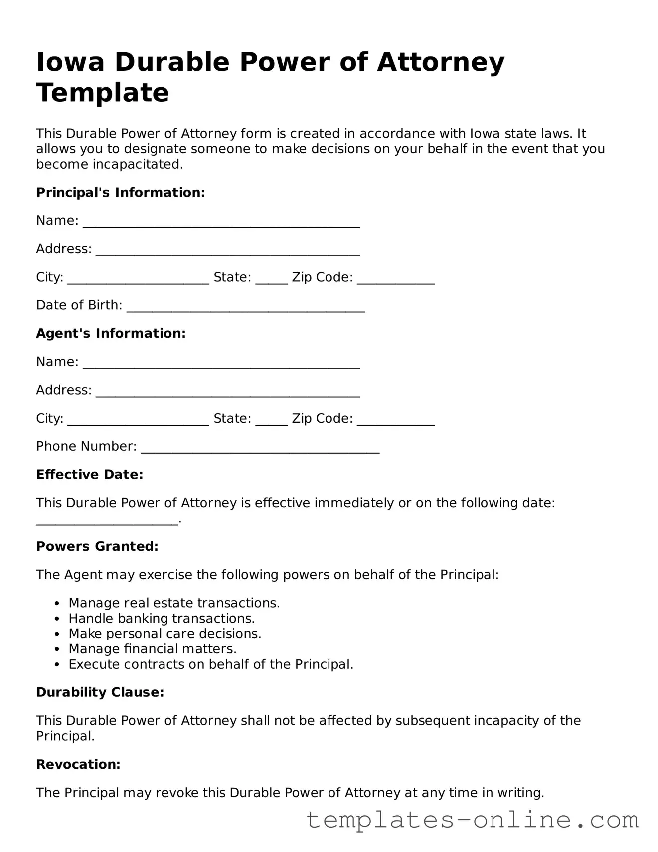 Valid  Durable Power of Attorney Template for Iowa