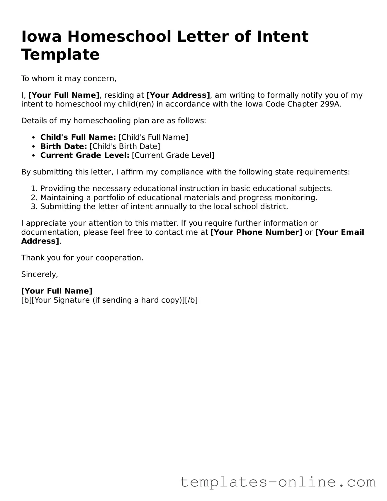 Valid  Homeschool Letter of Intent Template for Iowa