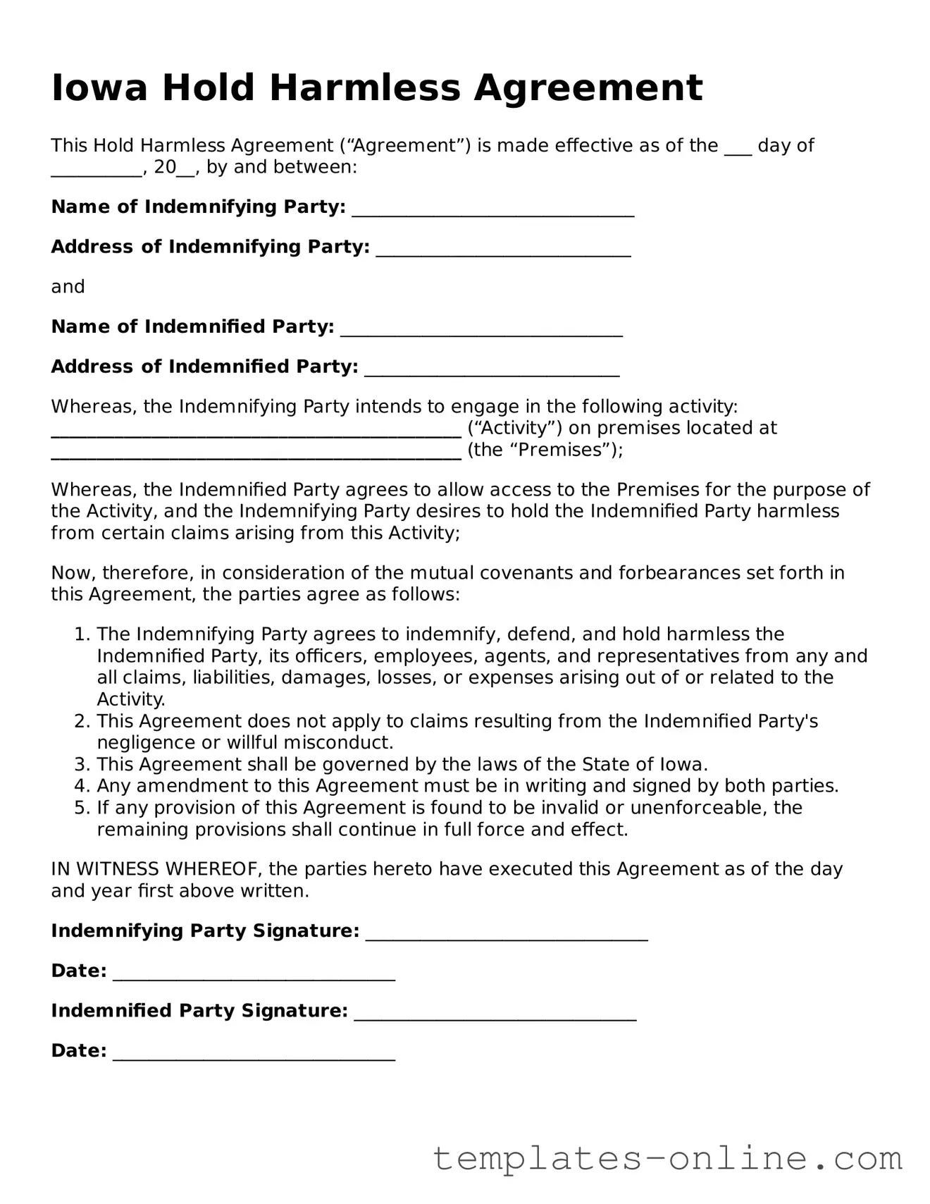 Valid  Hold Harmless Agreement Template for Iowa
