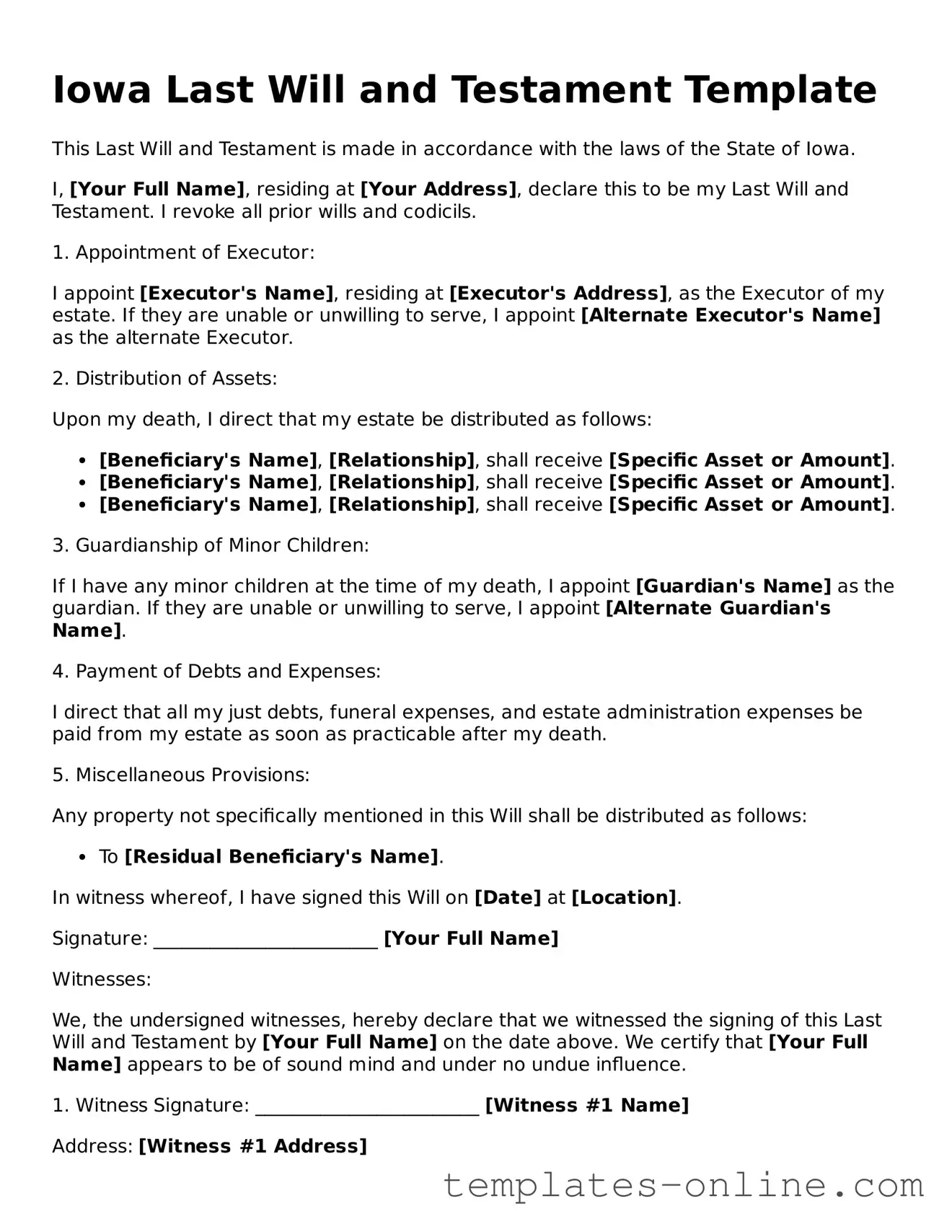 Valid  Last Will and Testament Template for Iowa