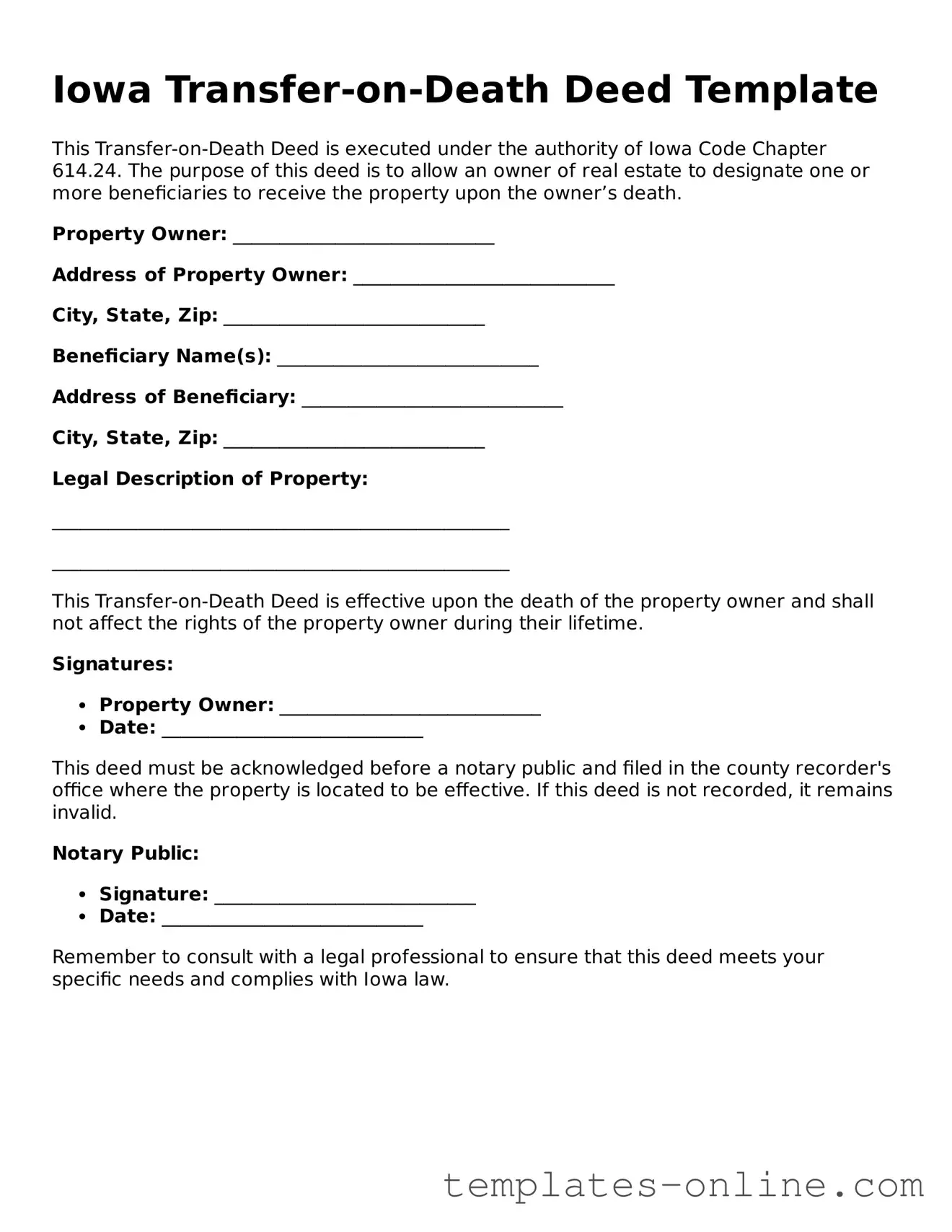 Valid  Transfer-on-Death Deed Template for Iowa