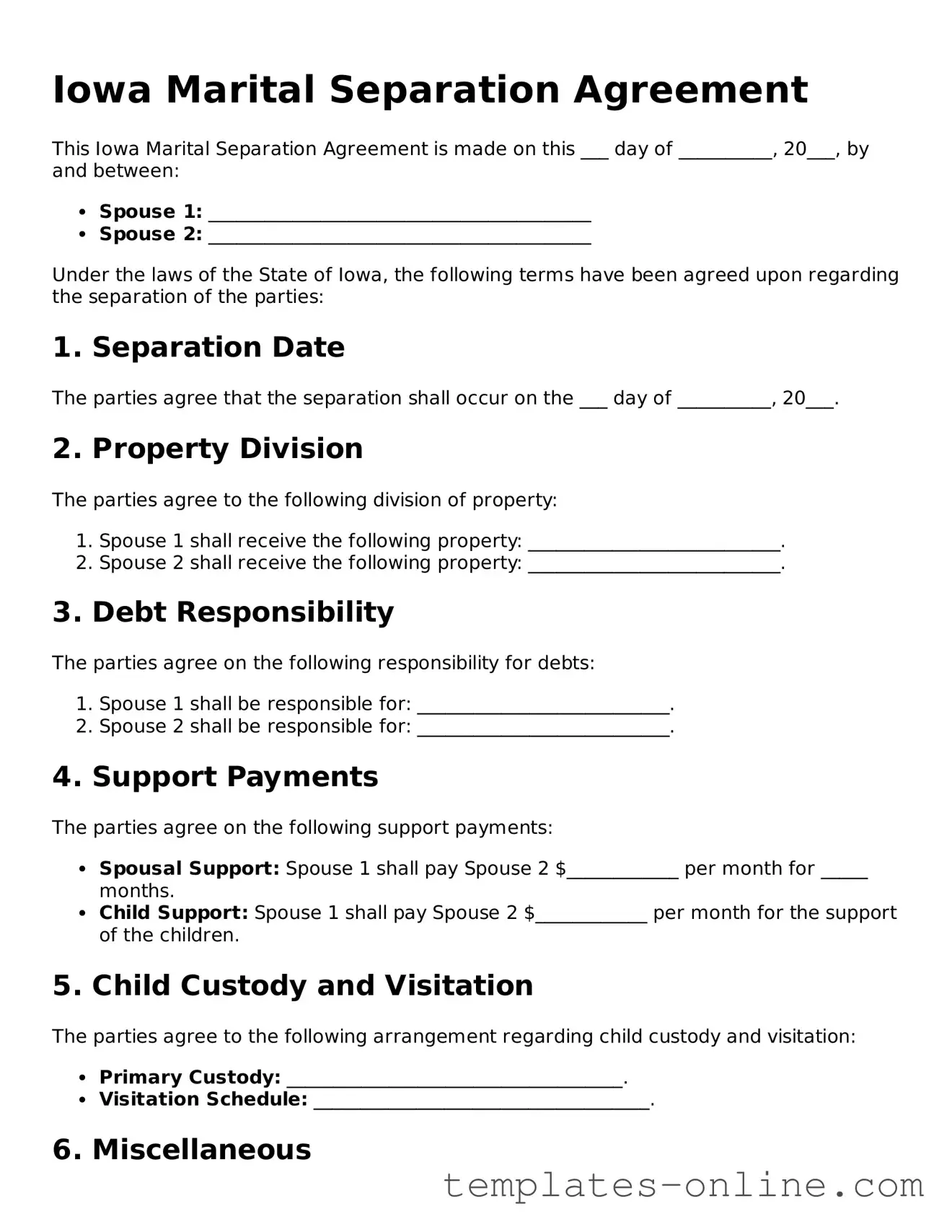 Valid  Marital Separation Agreement Template for Iowa