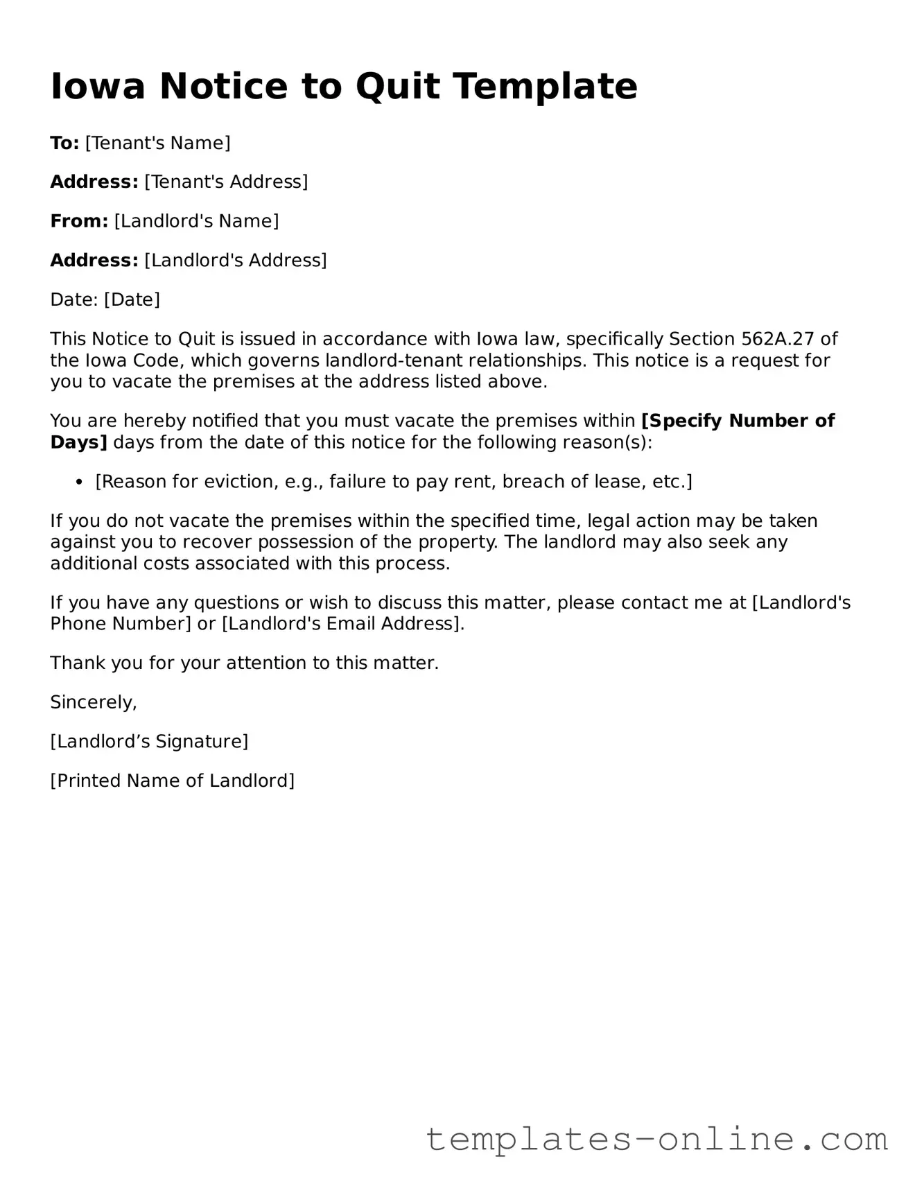 Valid  Notice to Quit Template for Iowa