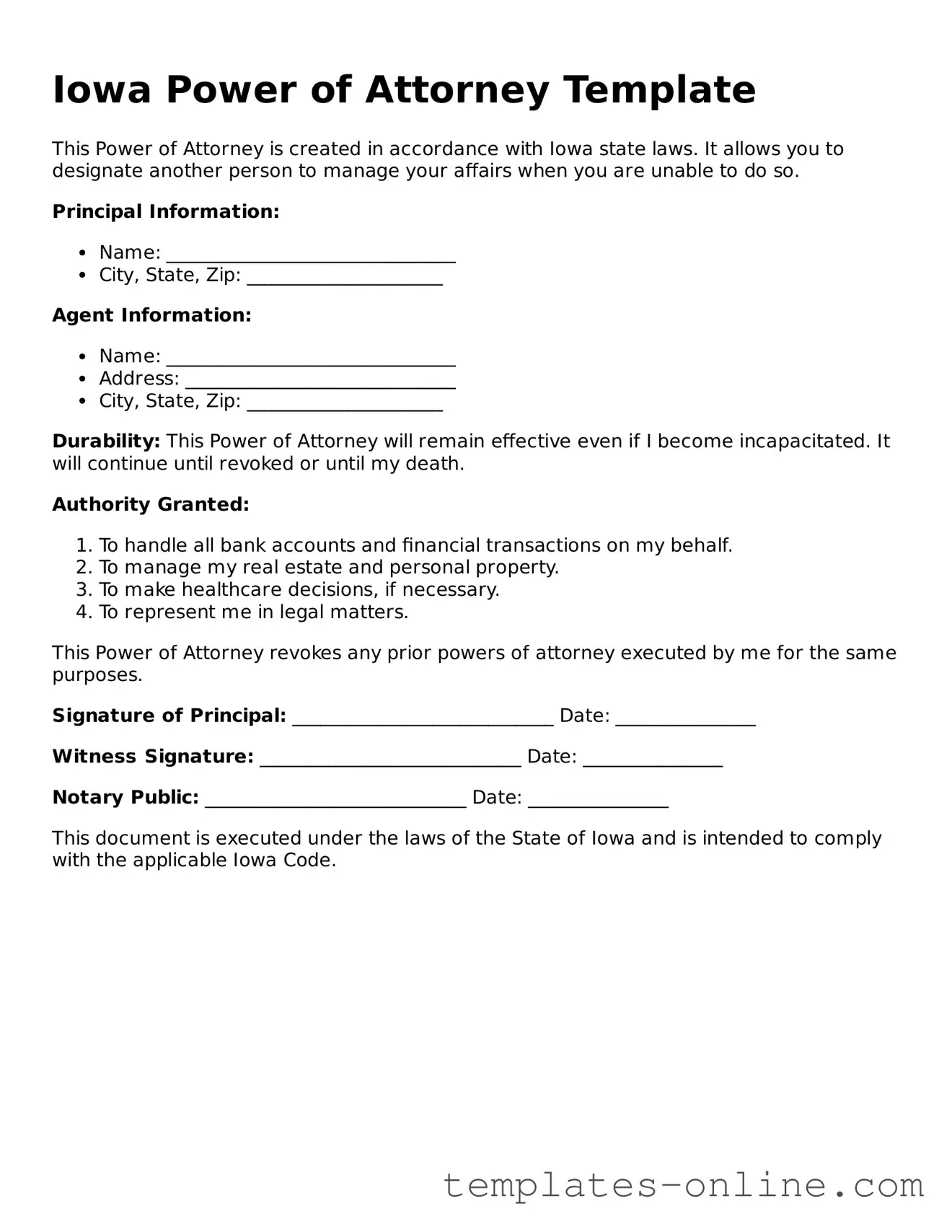 Valid  Power of Attorney Template for Iowa