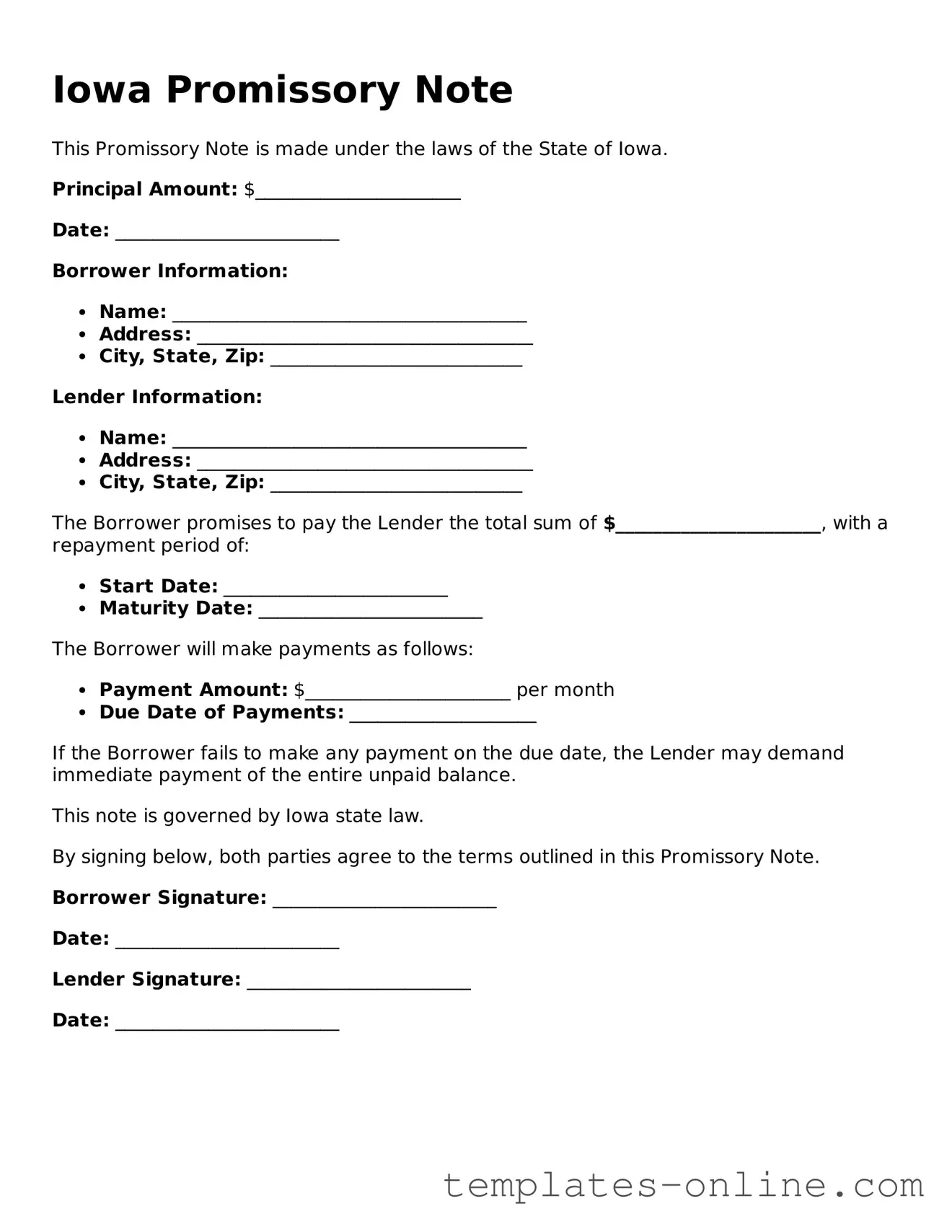 Valid  Promissory Note Template for Iowa