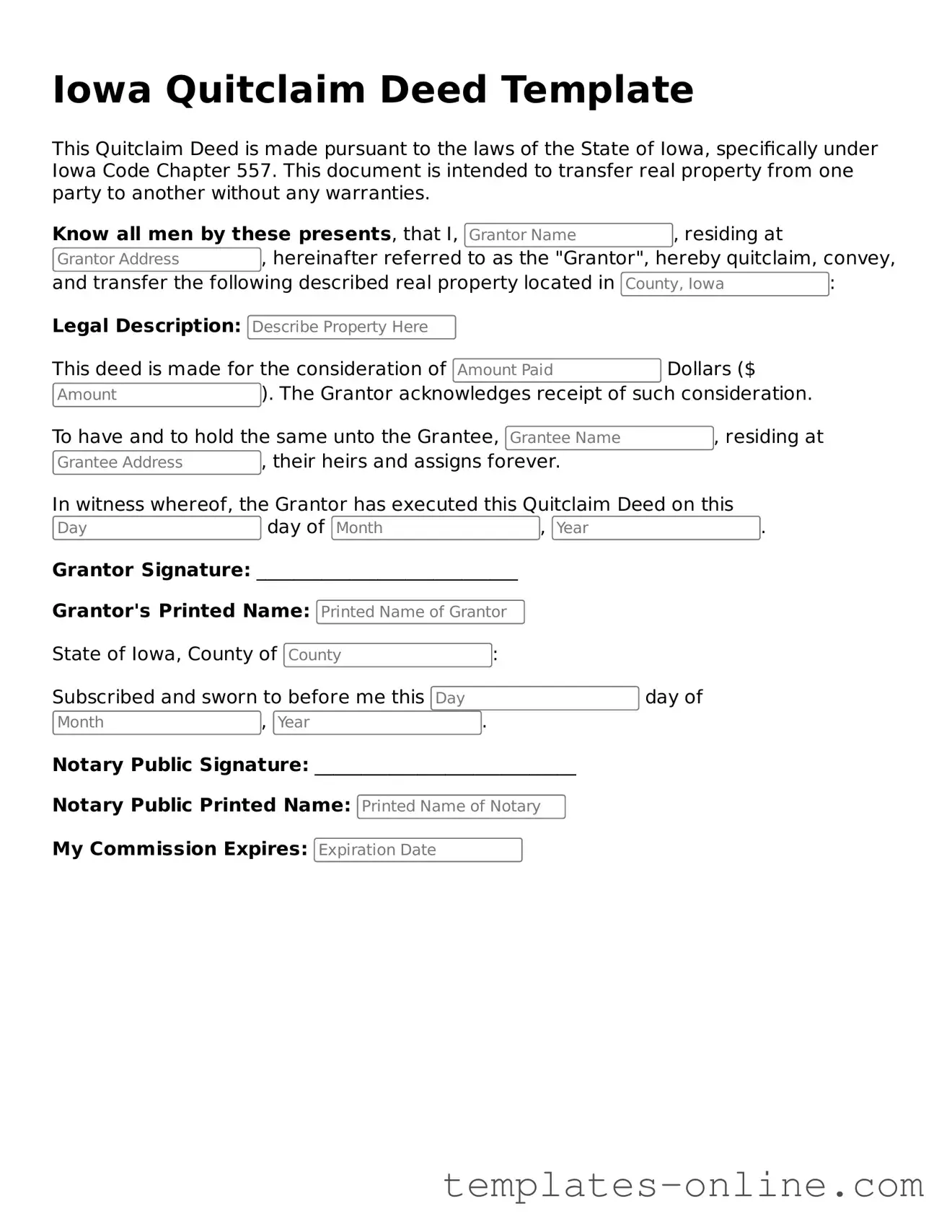 Valid  Quitclaim Deed Template for Iowa