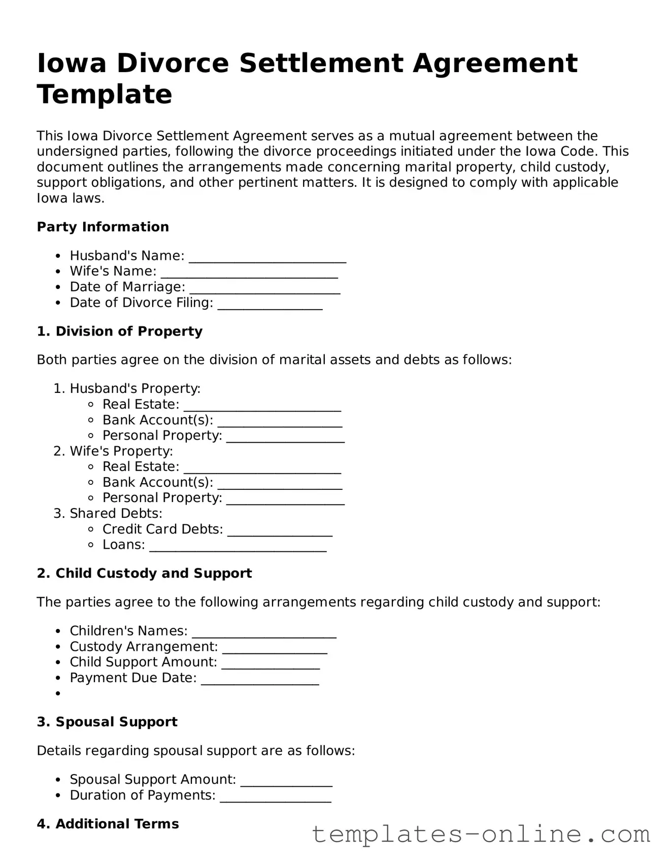 Valid  Divorce Settlement Agreement Template for Iowa