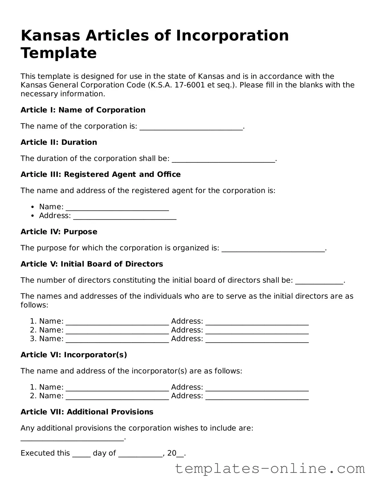 Valid  Articles of Incorporation Template for Kansas