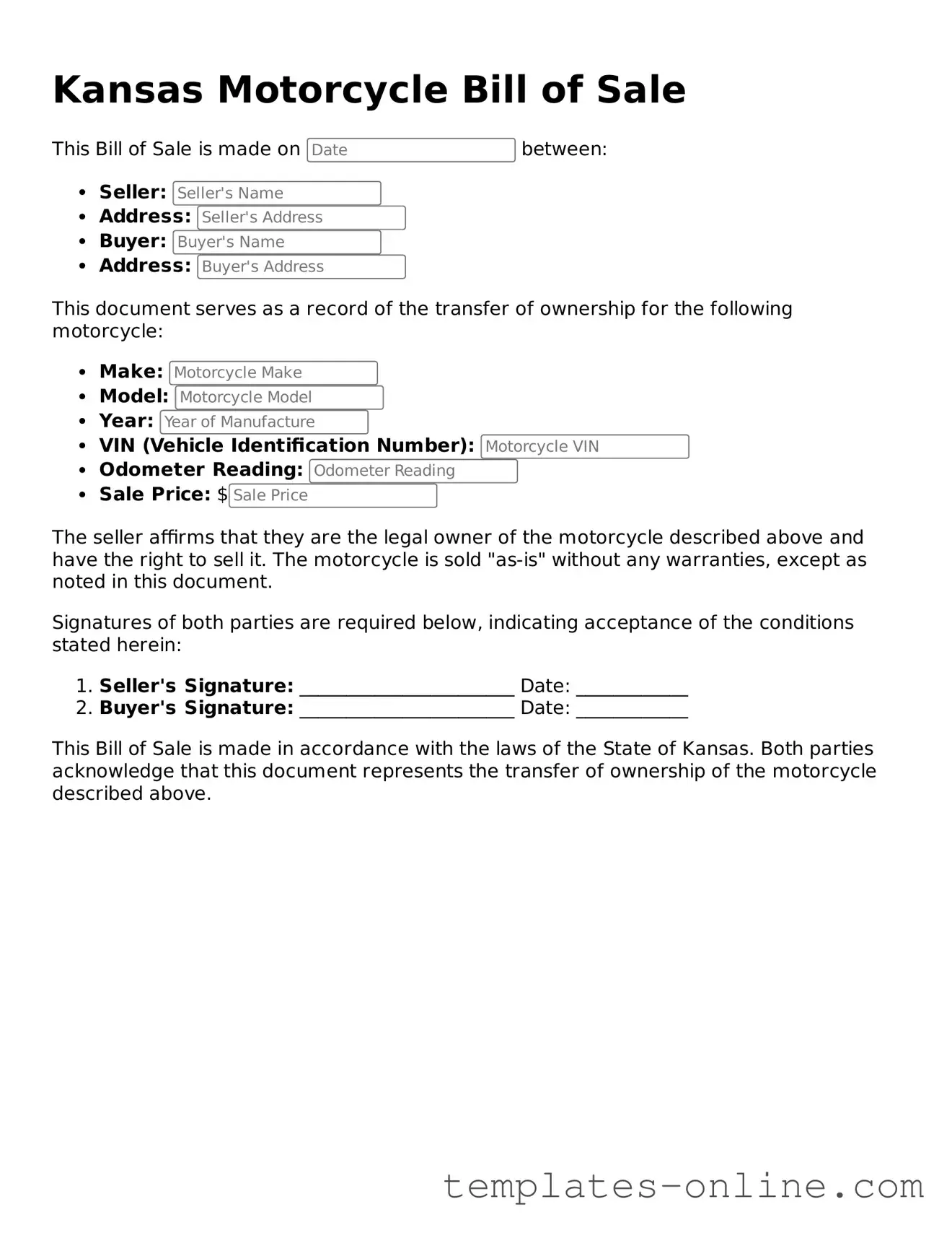 Valid  Motorcycle Bill of Sale Template for Kansas