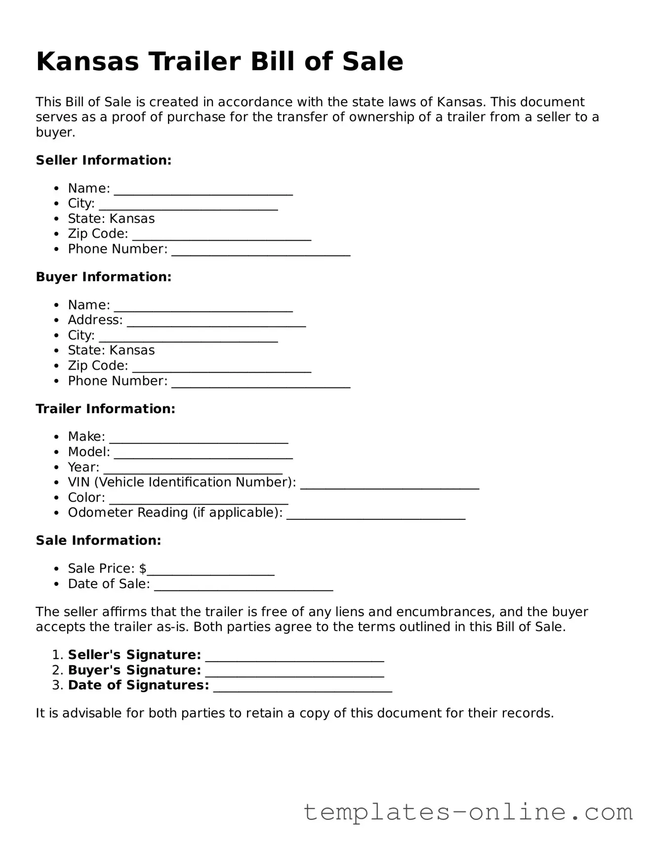Valid  Trailer Bill of Sale Template for Kansas