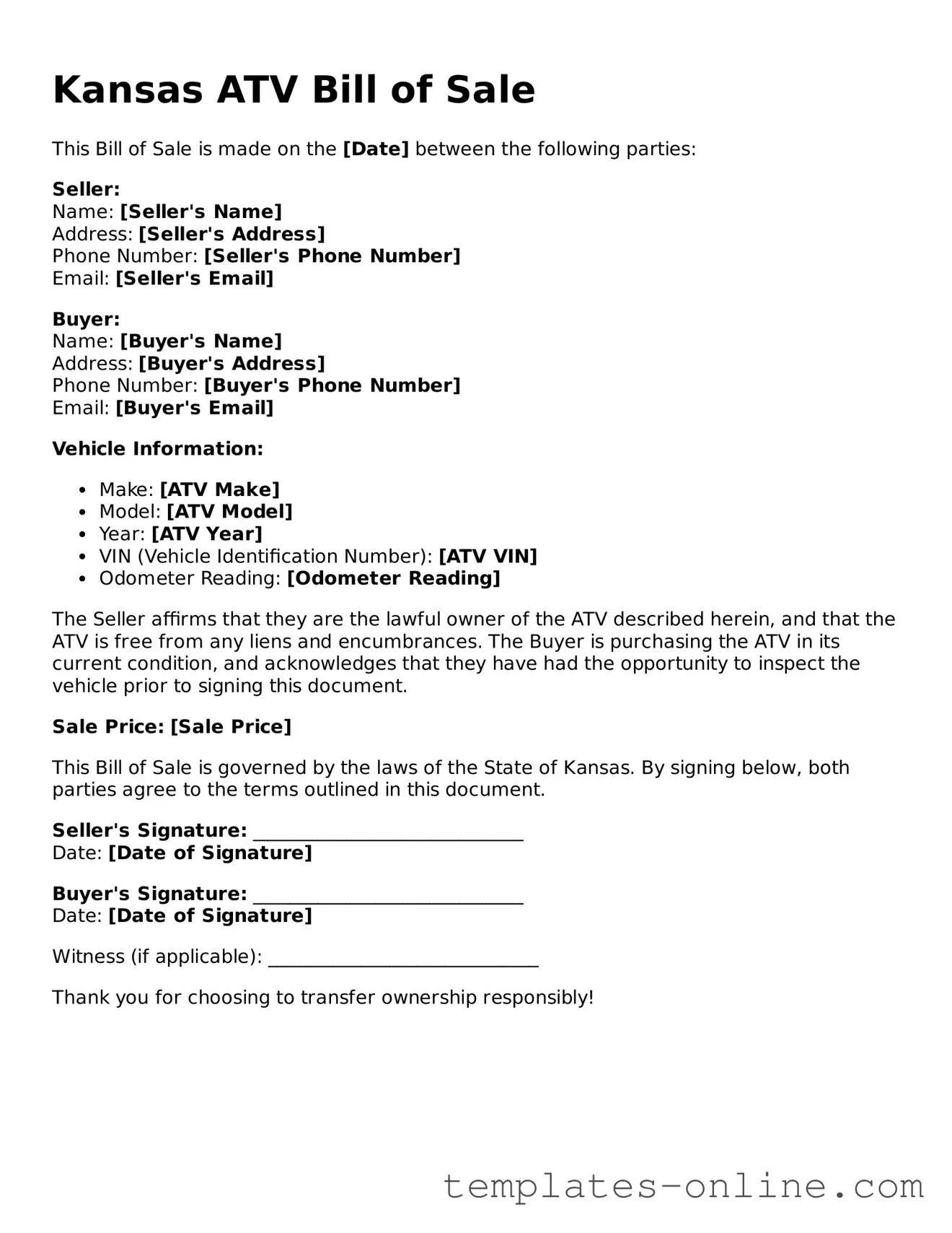 Valid  ATV Bill of Sale Template for Kansas