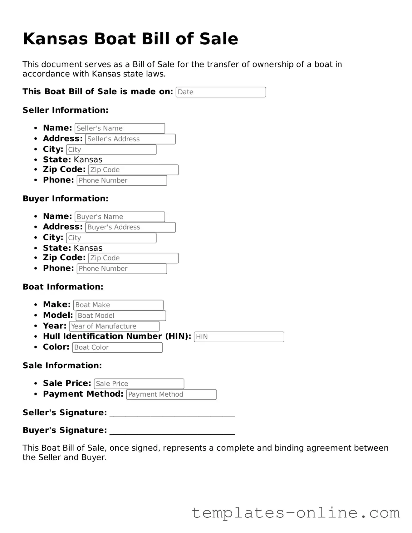 Valid  Boat Bill of Sale Template for Kansas