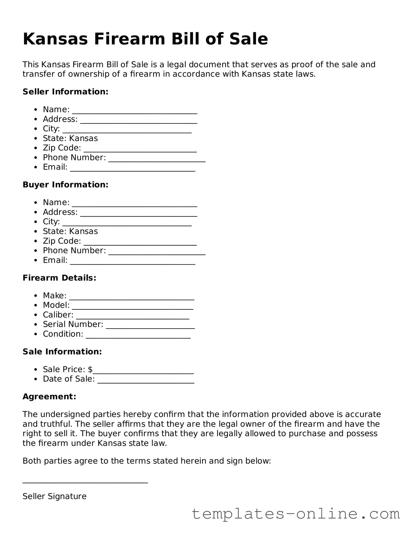 Valid  Firearm Bill of Sale Template for Kansas