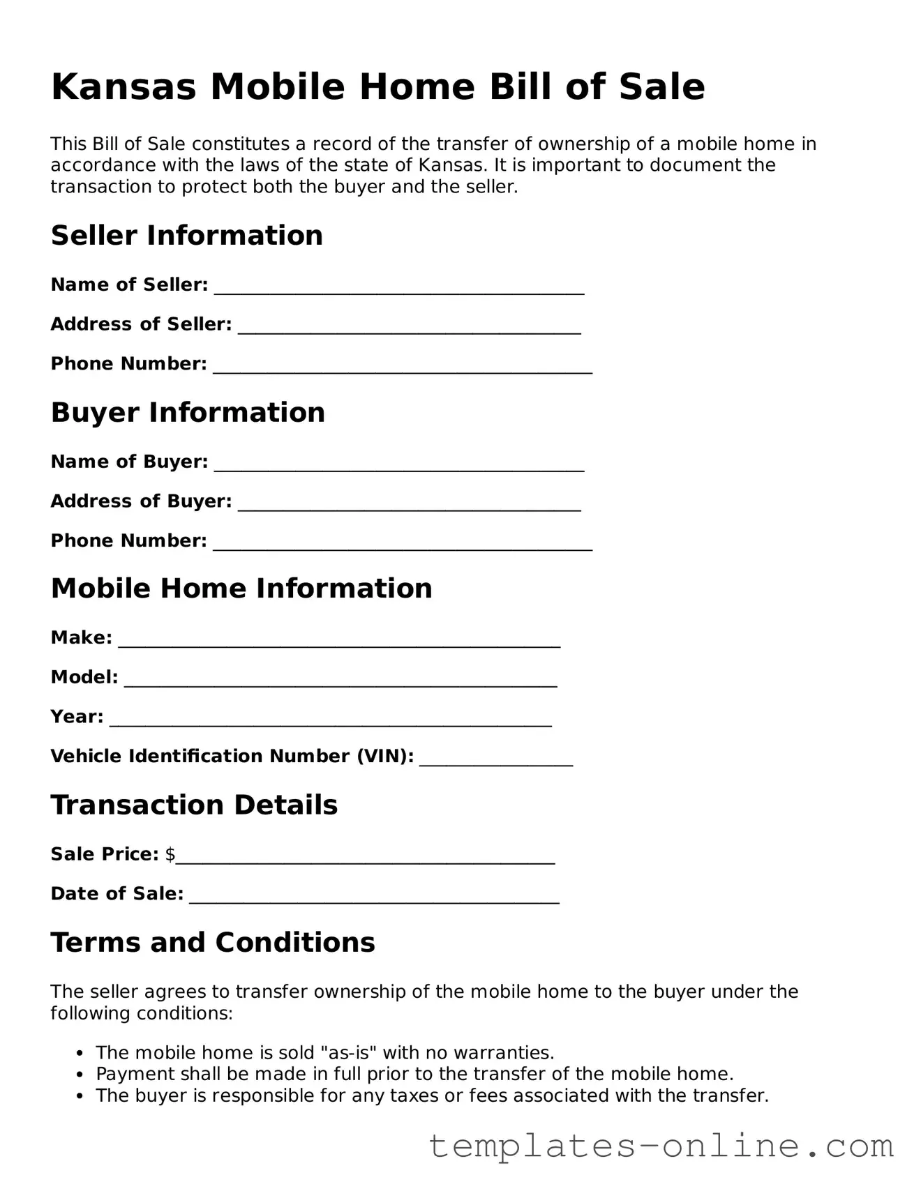 Valid  Mobile Home Bill of Sale Template for Kansas