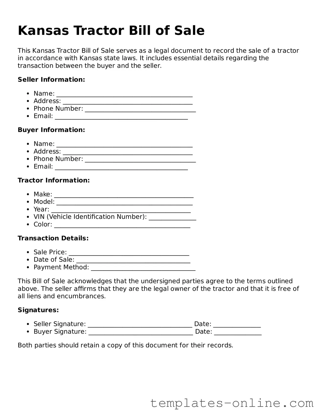 Valid  Tractor Bill of Sale Template for Kansas