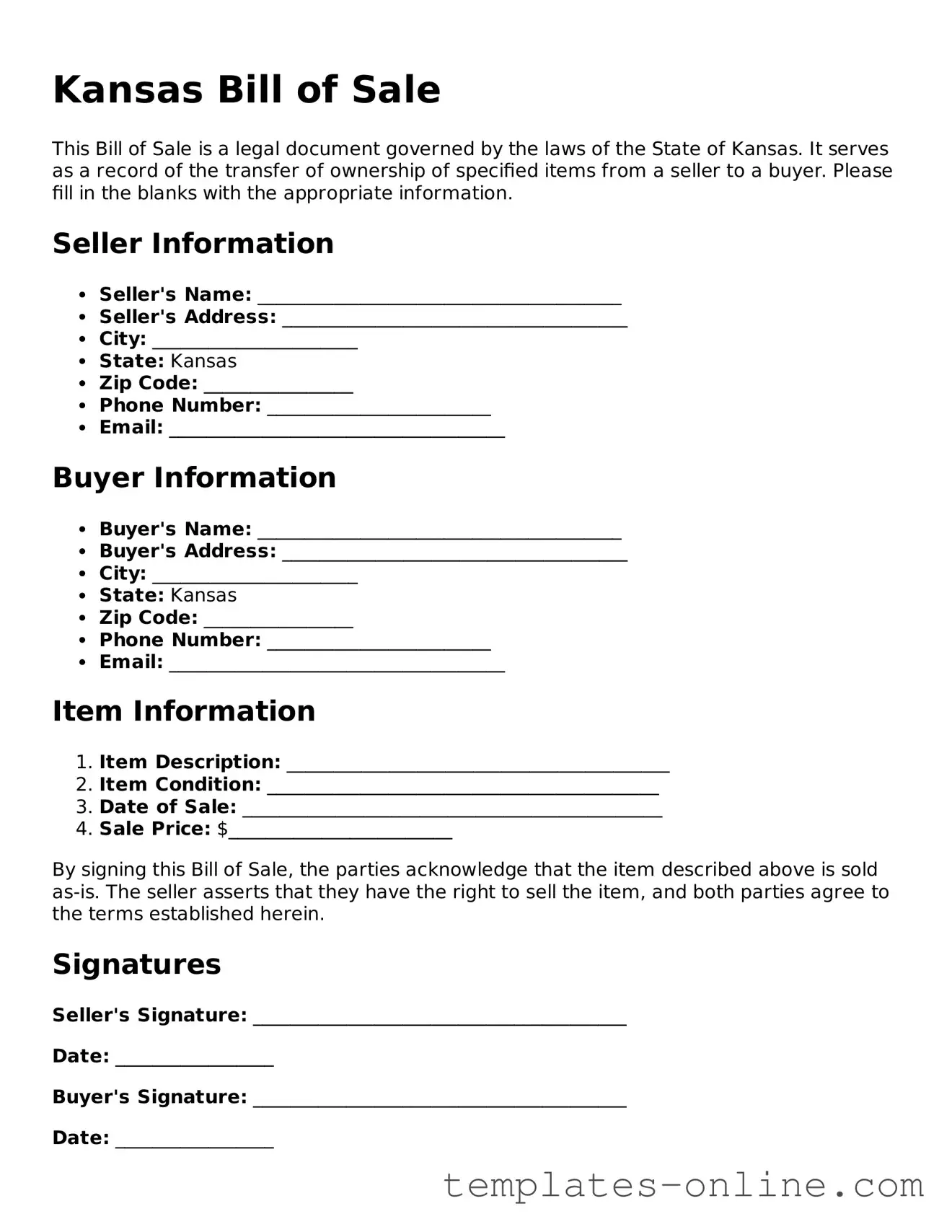 Valid  Bill of Sale Template for Kansas