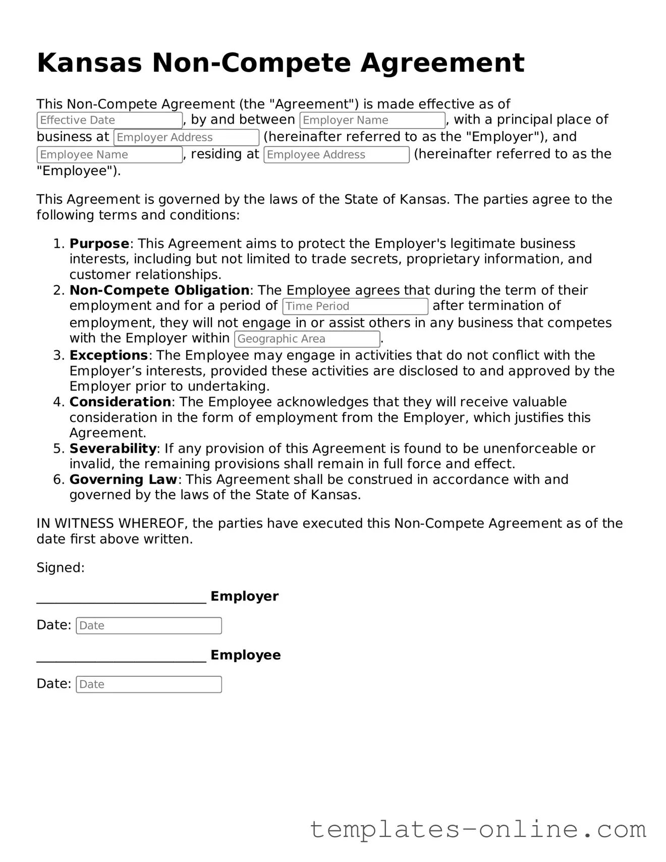 Valid  Non-compete Agreement Template for Kansas