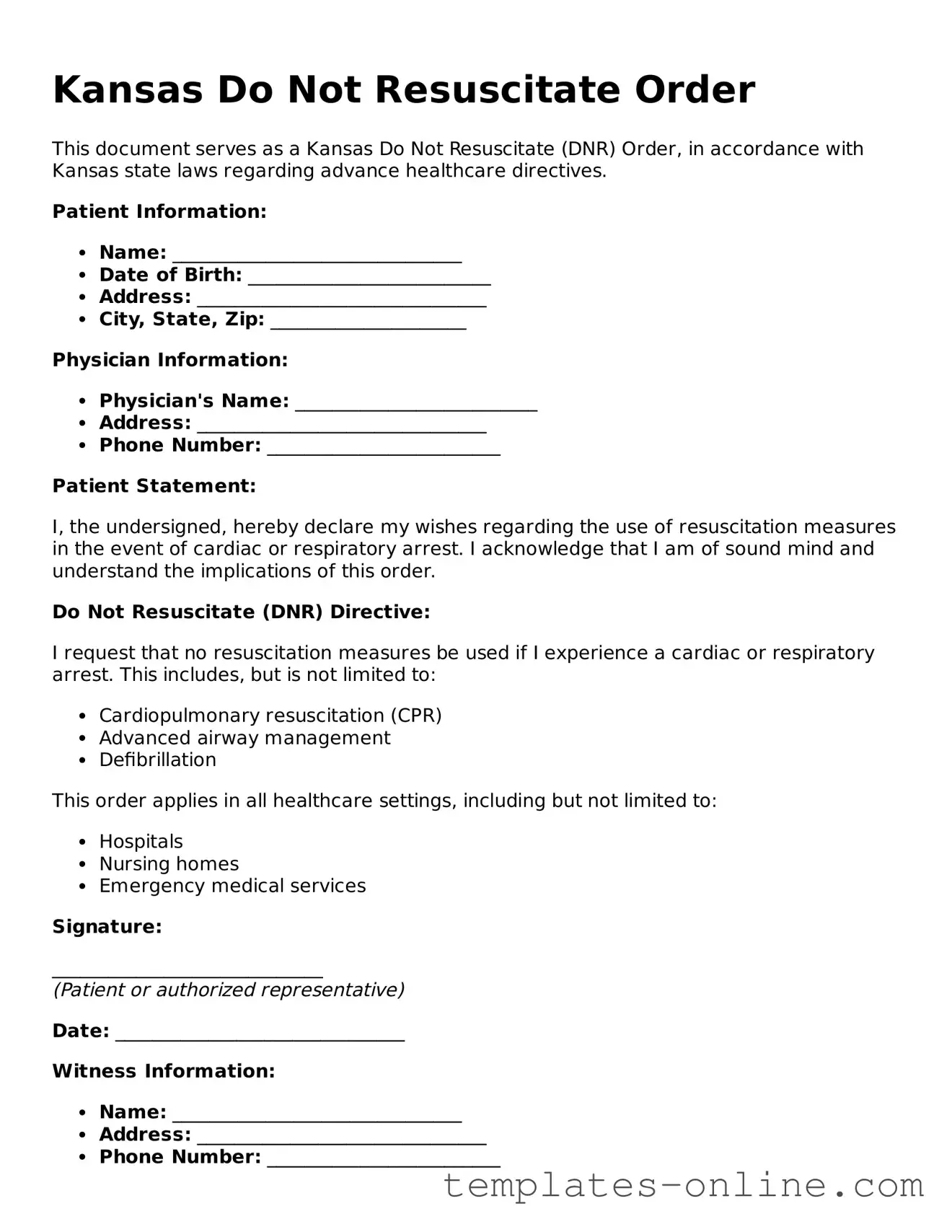 Valid  Do Not Resuscitate Order Template for Kansas