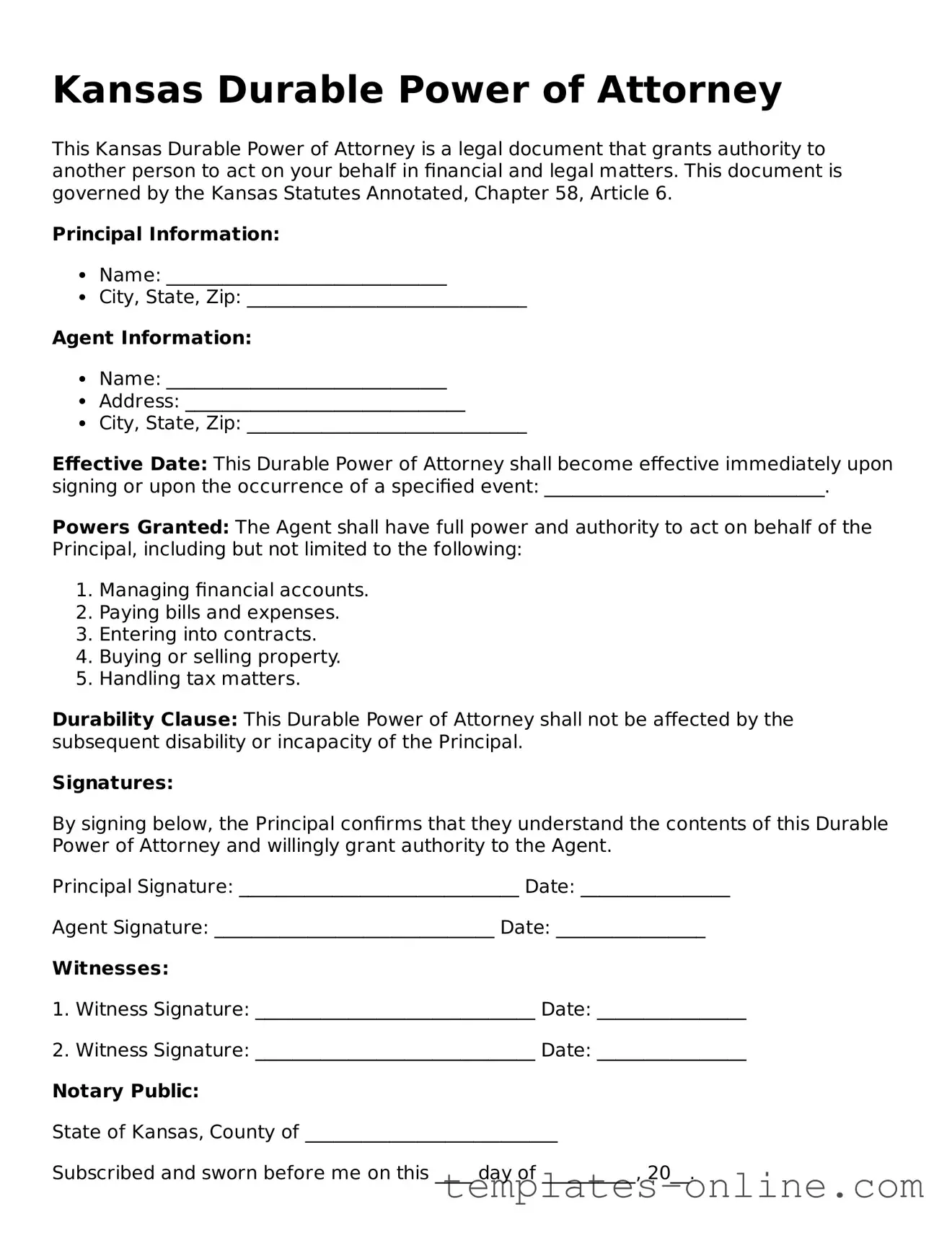 Valid  Durable Power of Attorney Template for Kansas