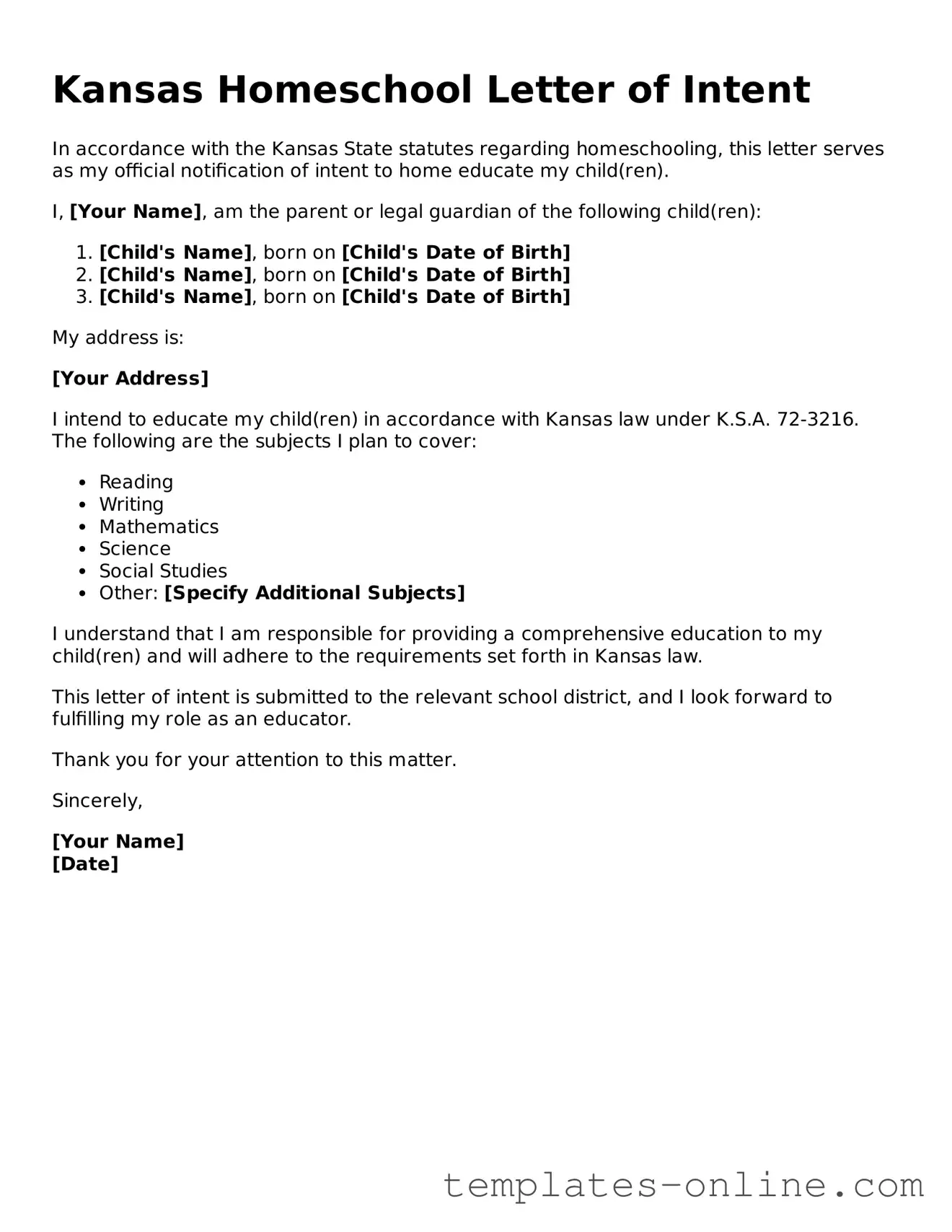Valid  Homeschool Letter of Intent Template for Kansas