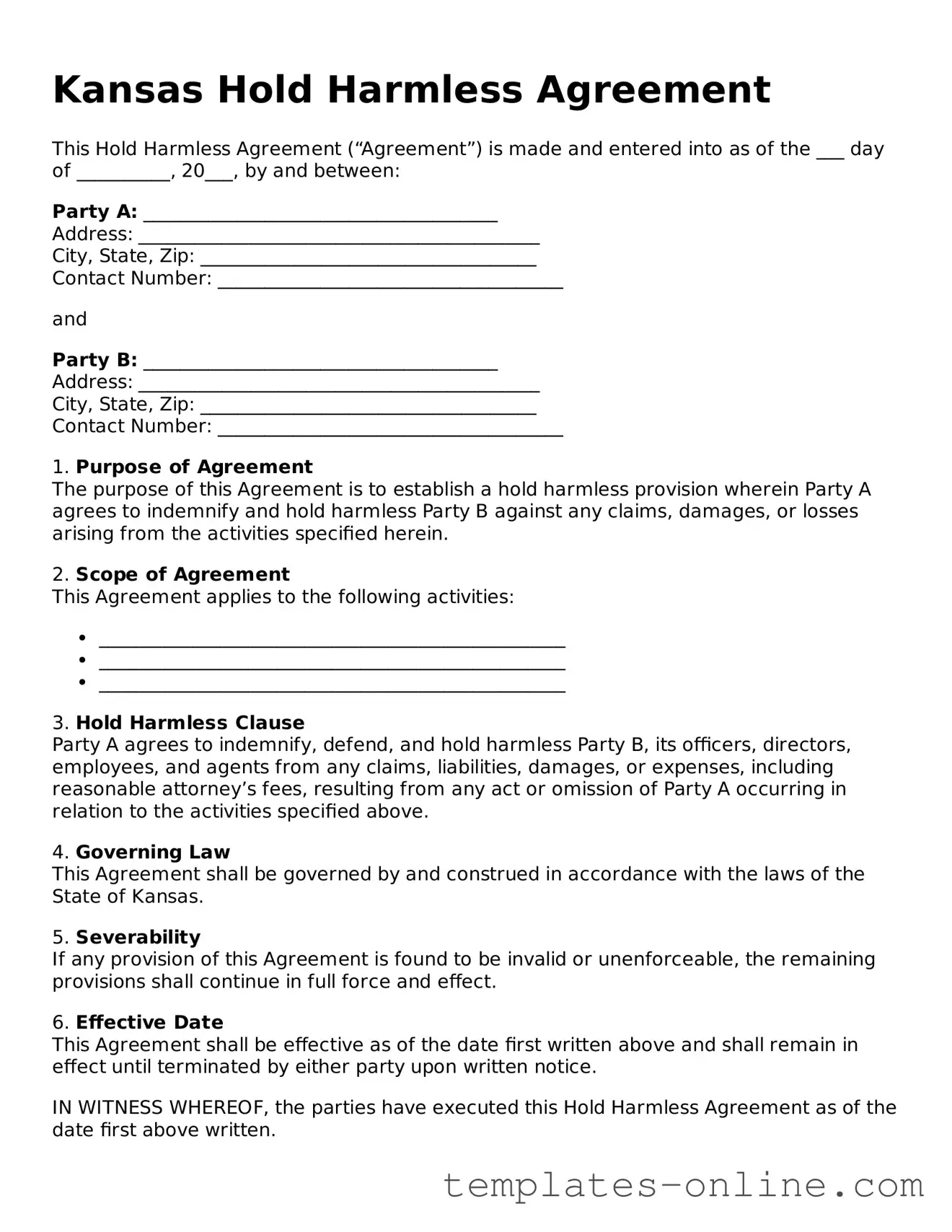 Valid  Hold Harmless Agreement Template for Kansas