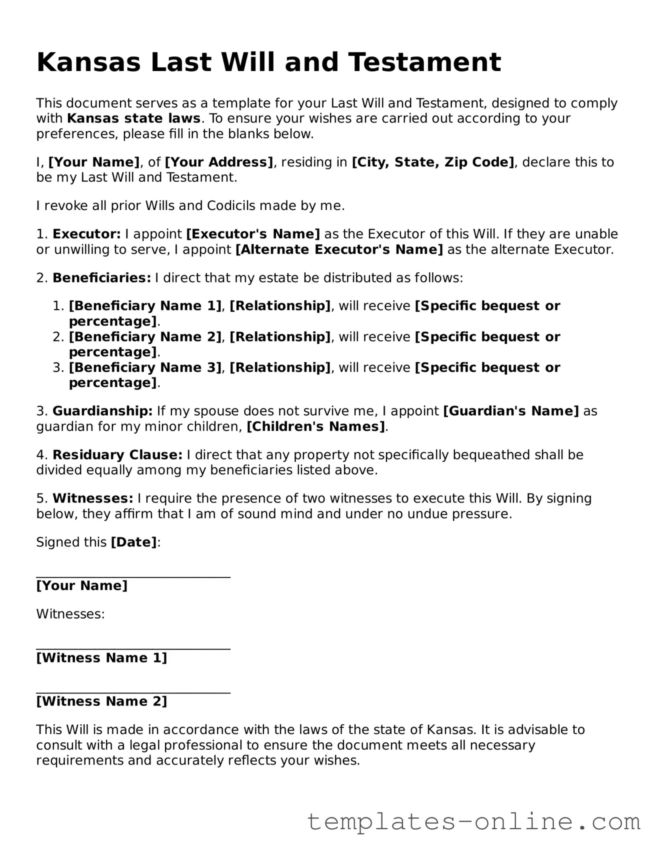Valid  Last Will and Testament Template for Kansas