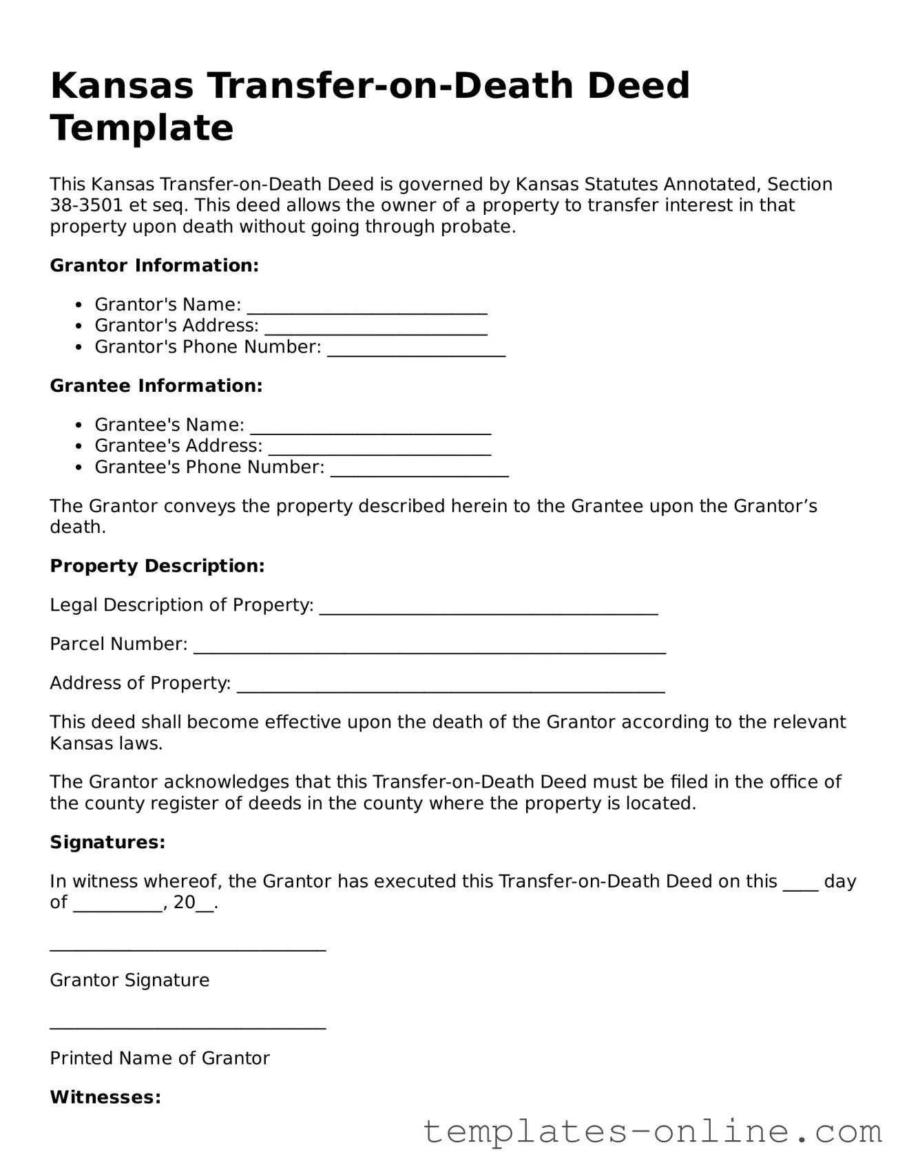 Valid  Transfer-on-Death Deed Template for Kansas